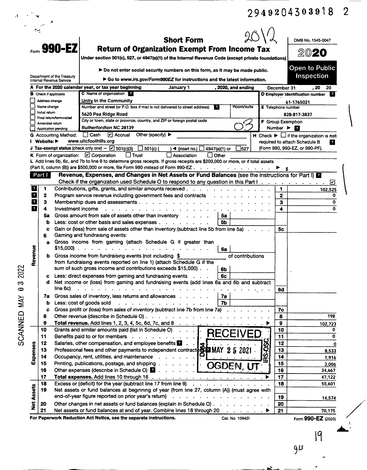 Image of first page of 2020 Form 990EZ for Unity in the Community