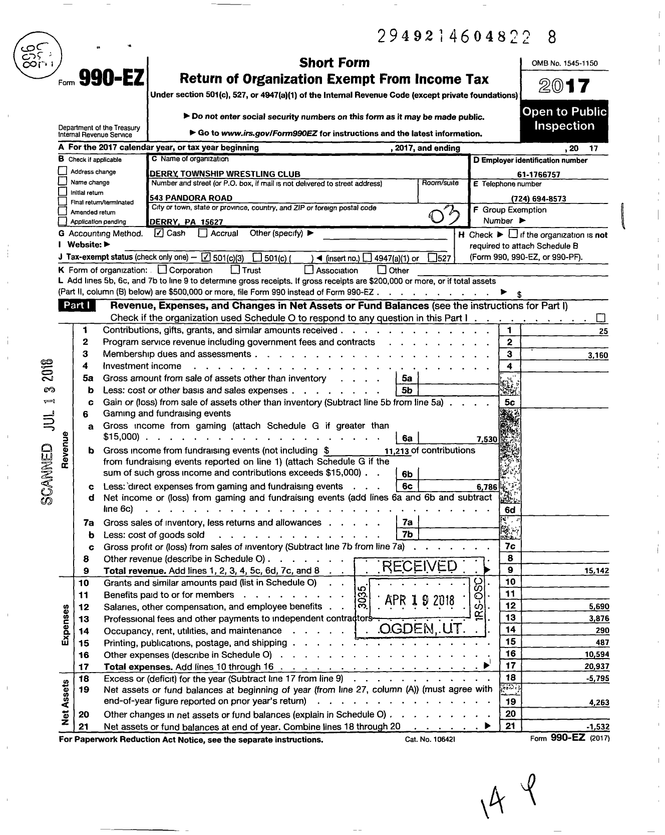 Image of first page of 2017 Form 990EZ for Derry Township Wrestling Club