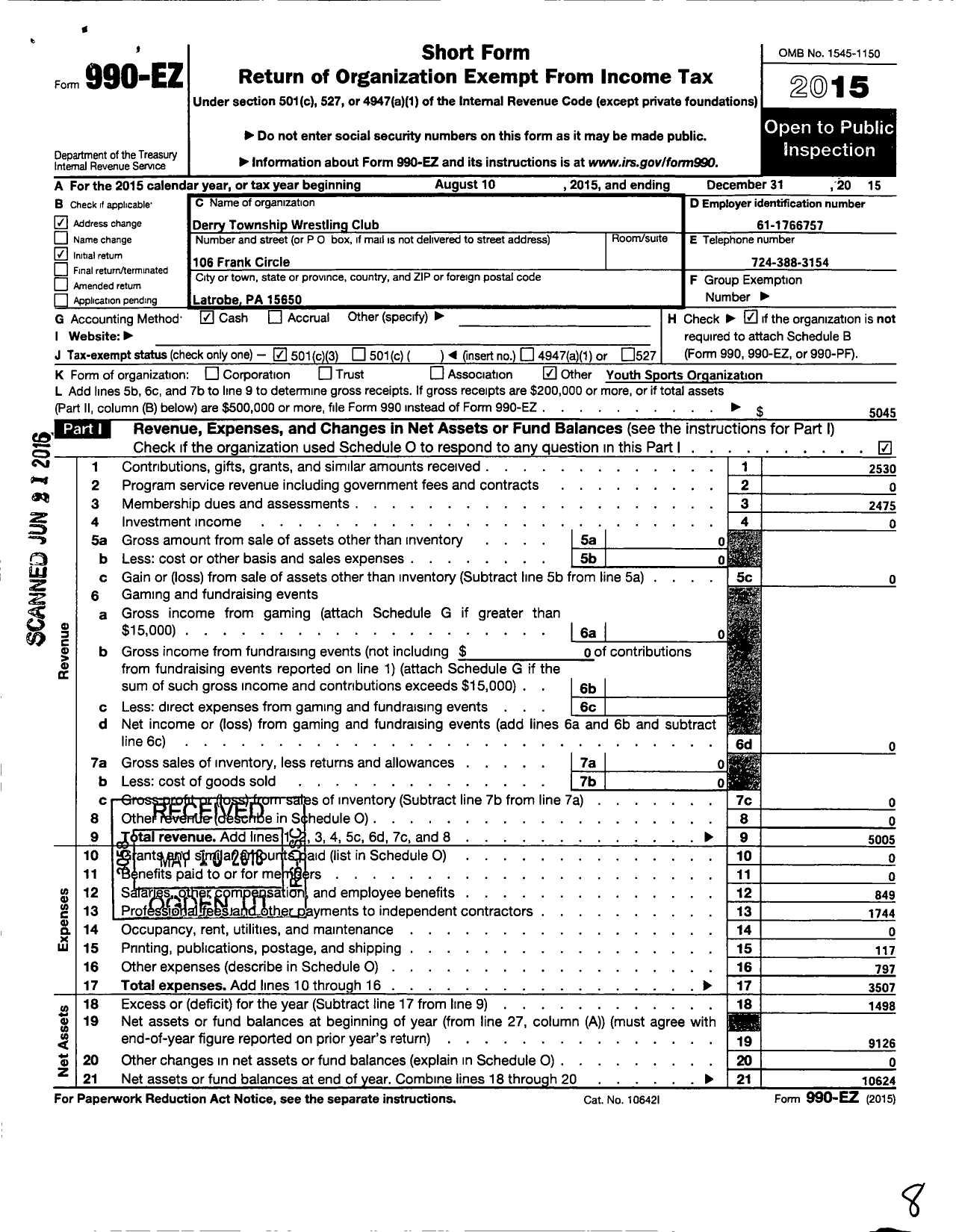 Image of first page of 2015 Form 990EZ for Derry Township Wrestling Club