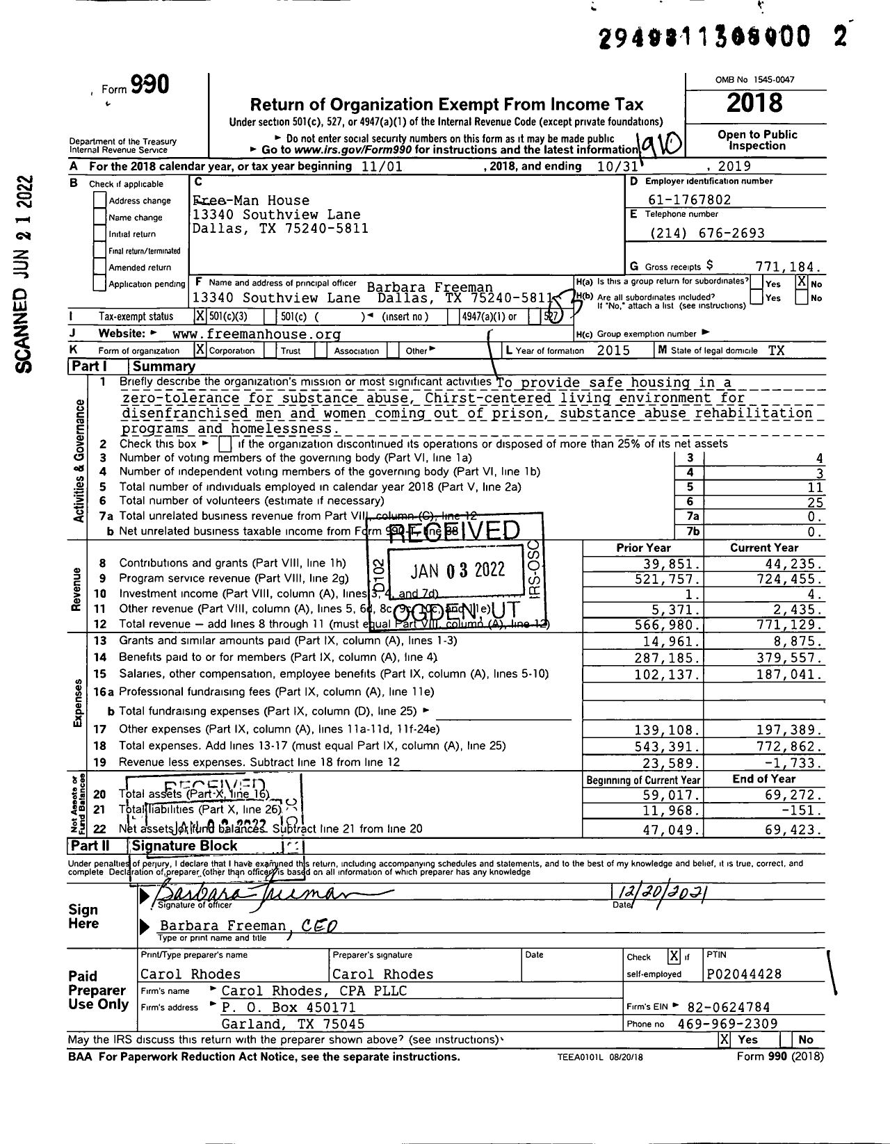 Image of first page of 2018 Form 990 for Free-Man House