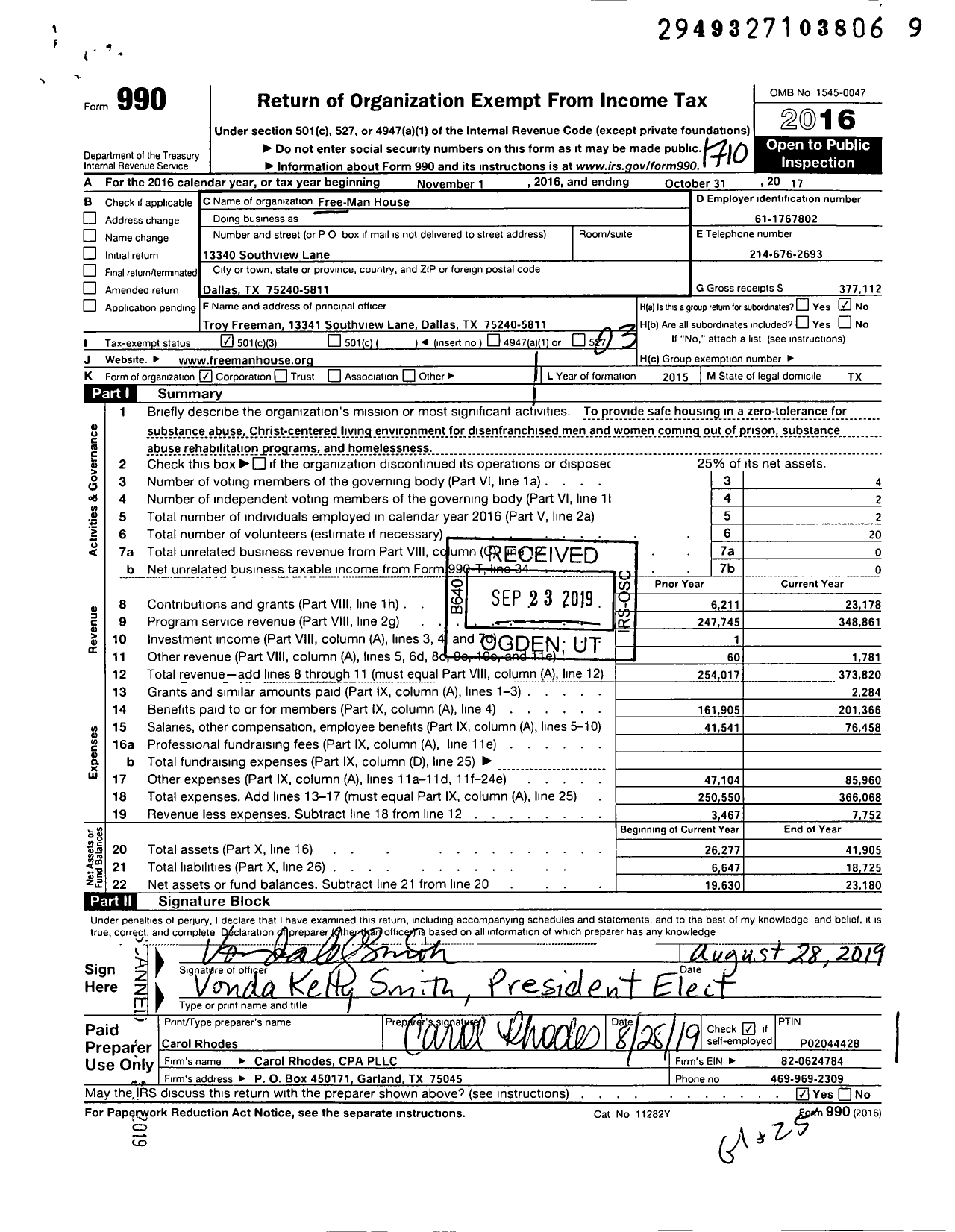 Image of first page of 2016 Form 990 for Free-Man House