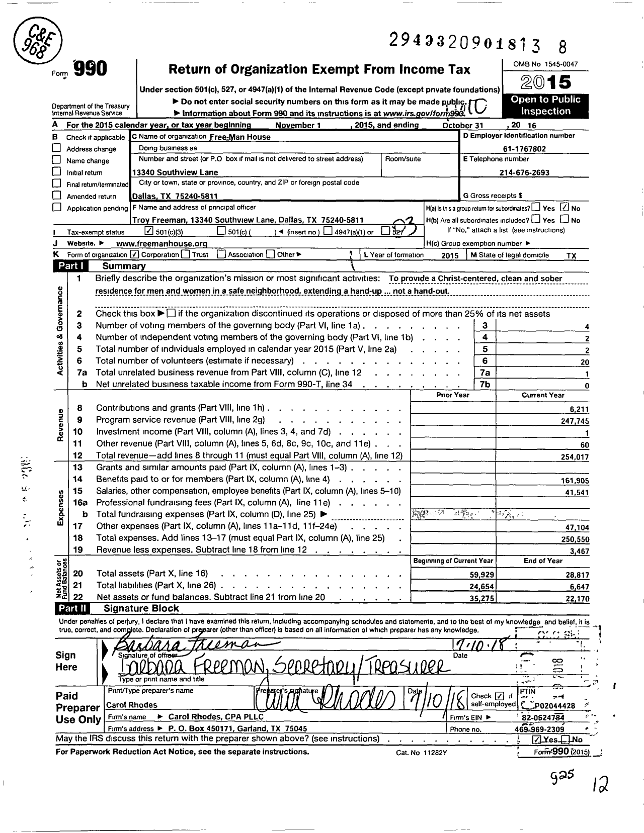 Image of first page of 2015 Form 990 for Free-Man House