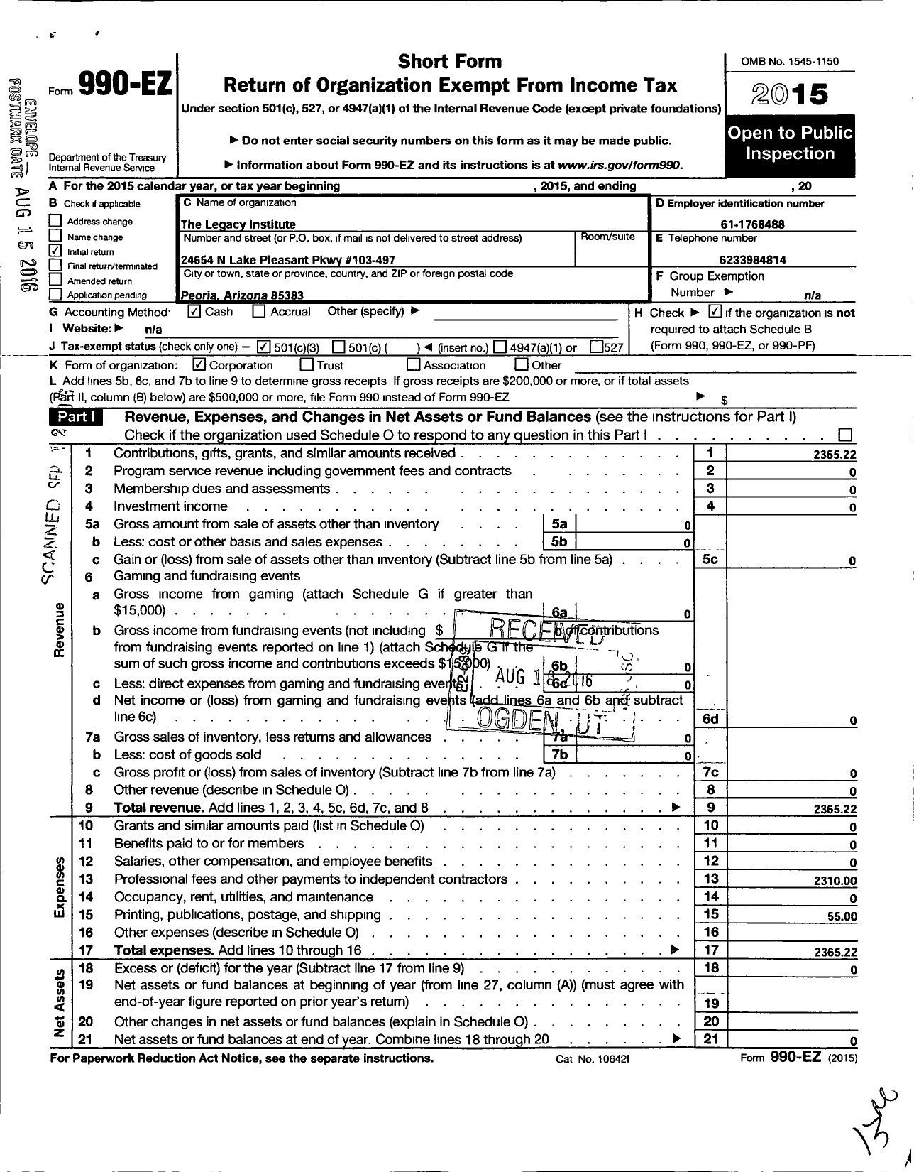 Image of first page of 2015 Form 990EZ for Legacy Institute