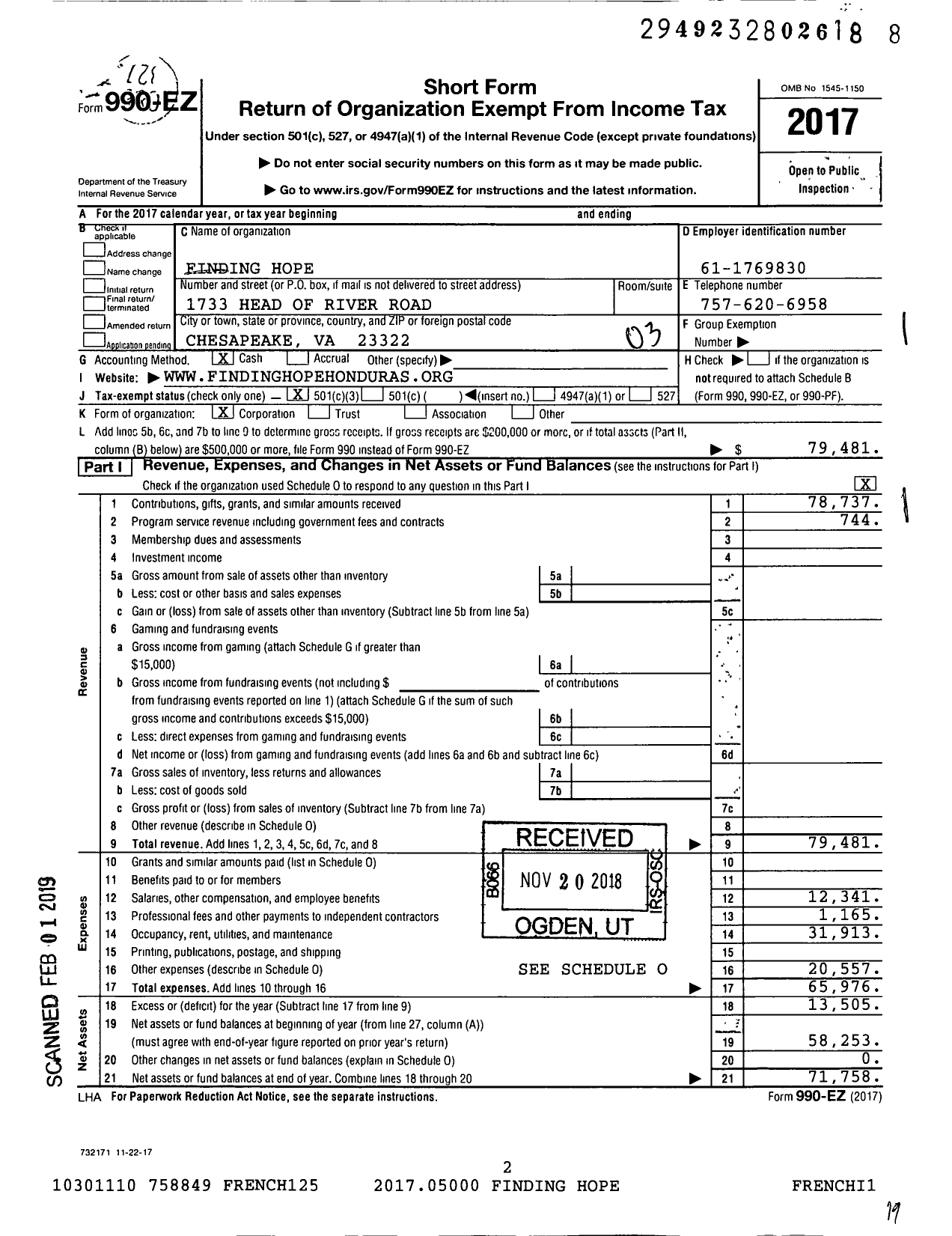 Image of first page of 2017 Form 990EZ for Finding Hope