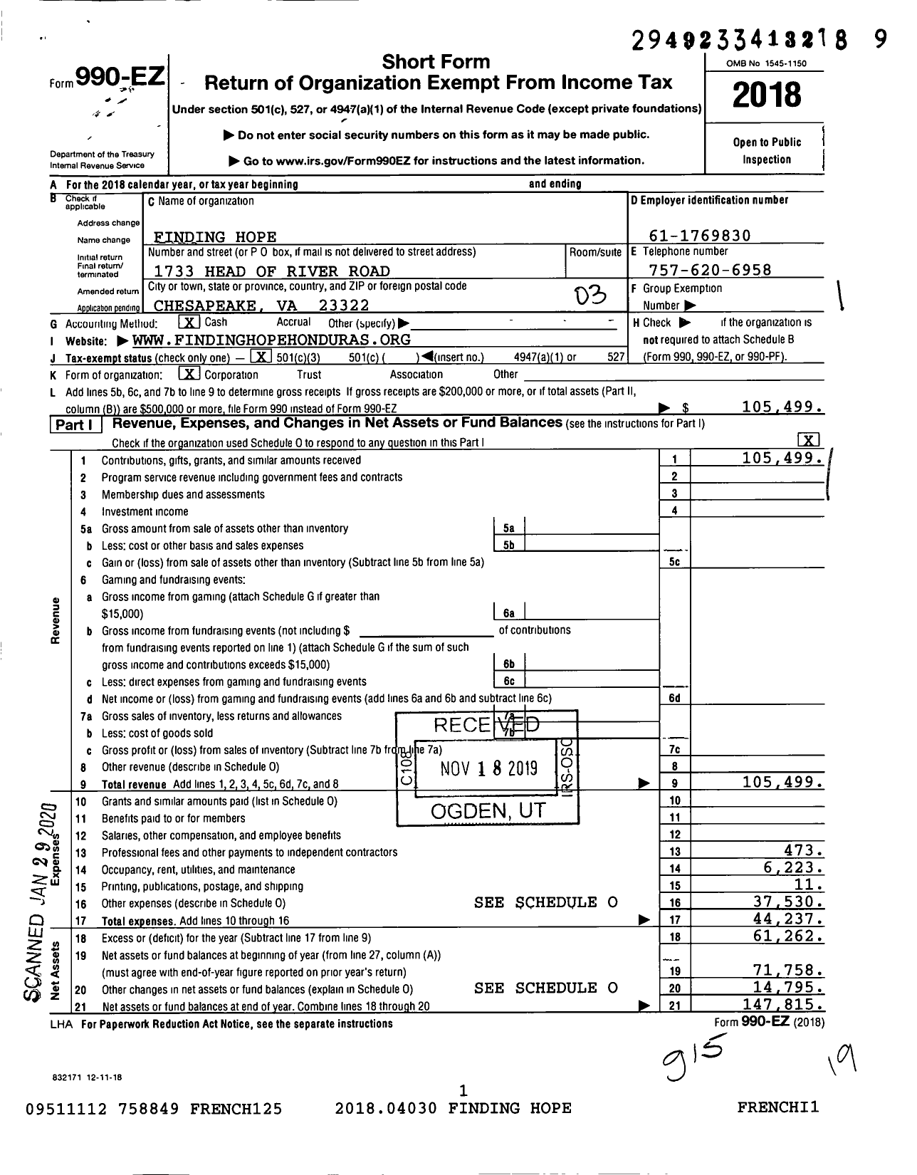 Image of first page of 2018 Form 990EZ for Finding Hope