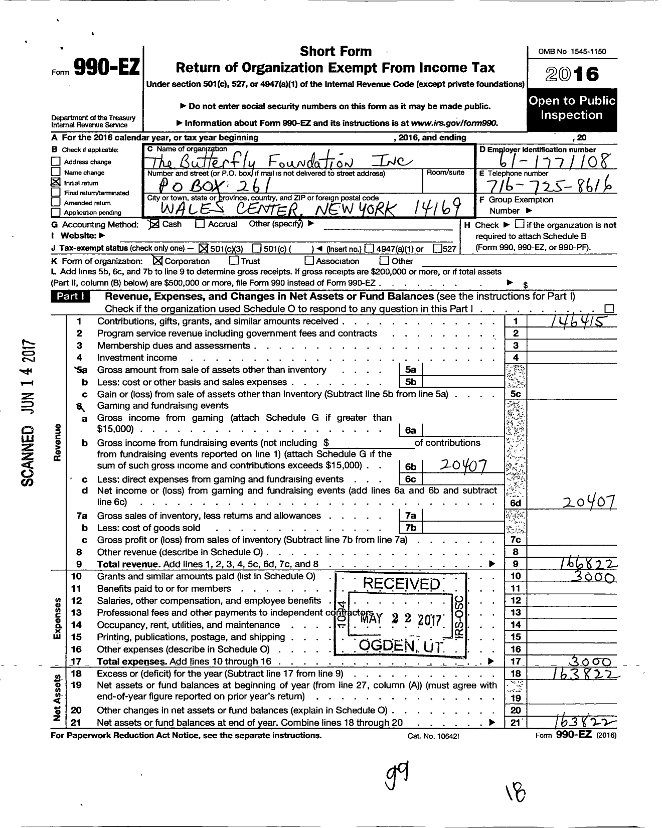 Image of first page of 2016 Form 990EZ for The Butterfly Foundation