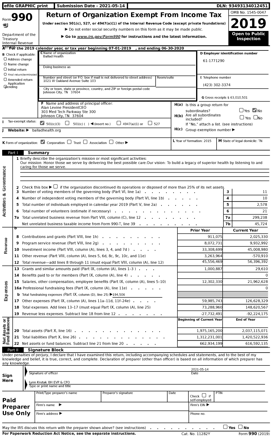 Image of first page of 2019 Form 990 for Ballad Health