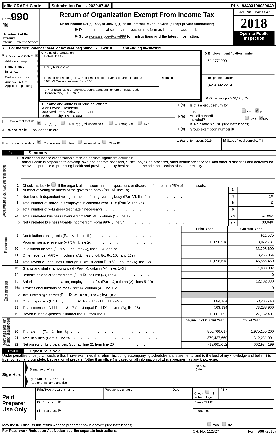 Image of first page of 2018 Form 990 for Ballad Health