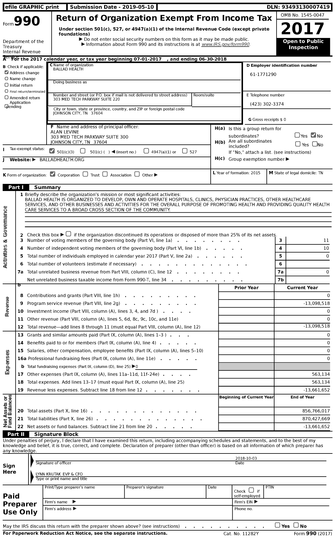 Image of first page of 2017 Form 990 for Ballad Health