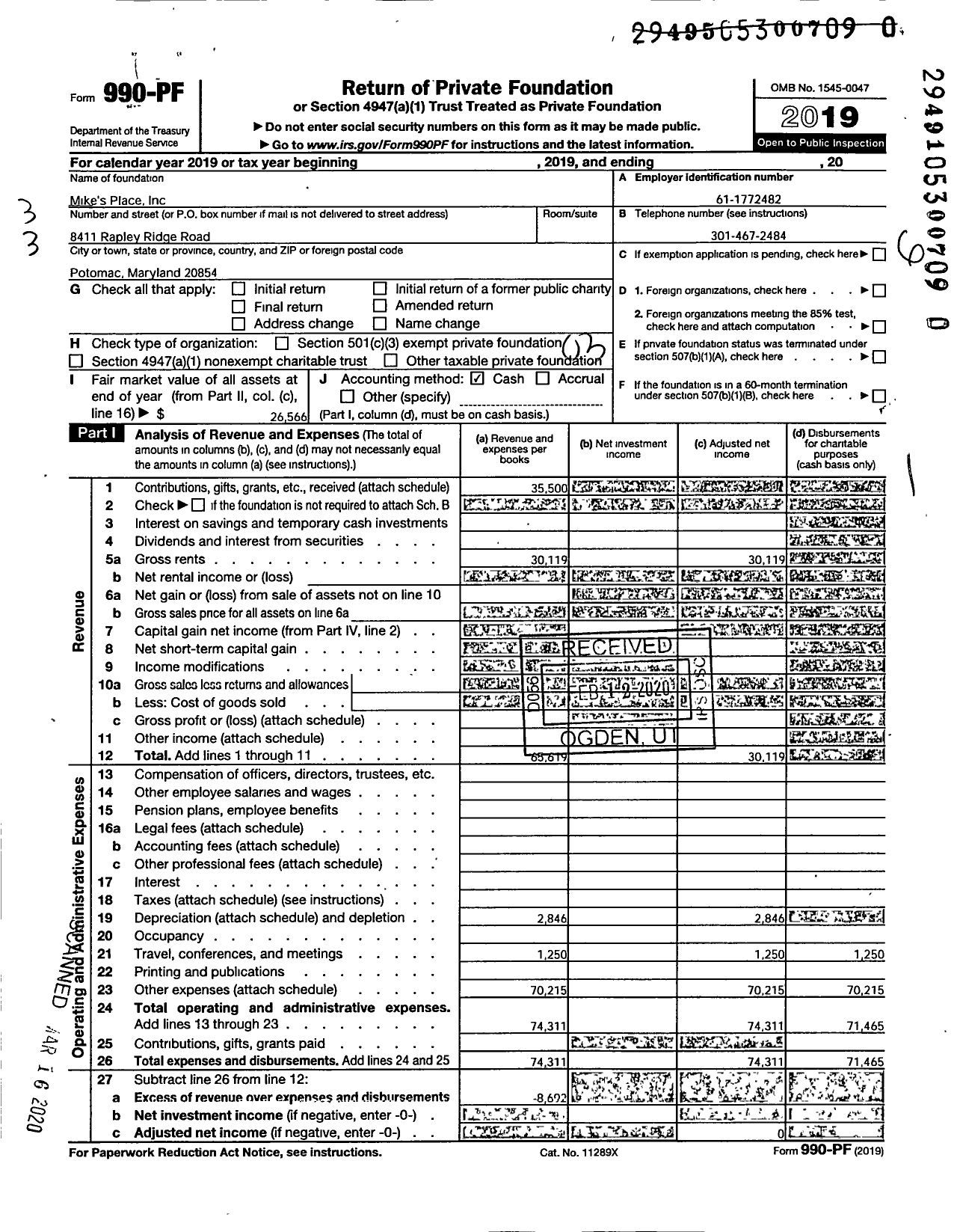 Image of first page of 2019 Form 990PR for Mikes Place a non-profit recovery house