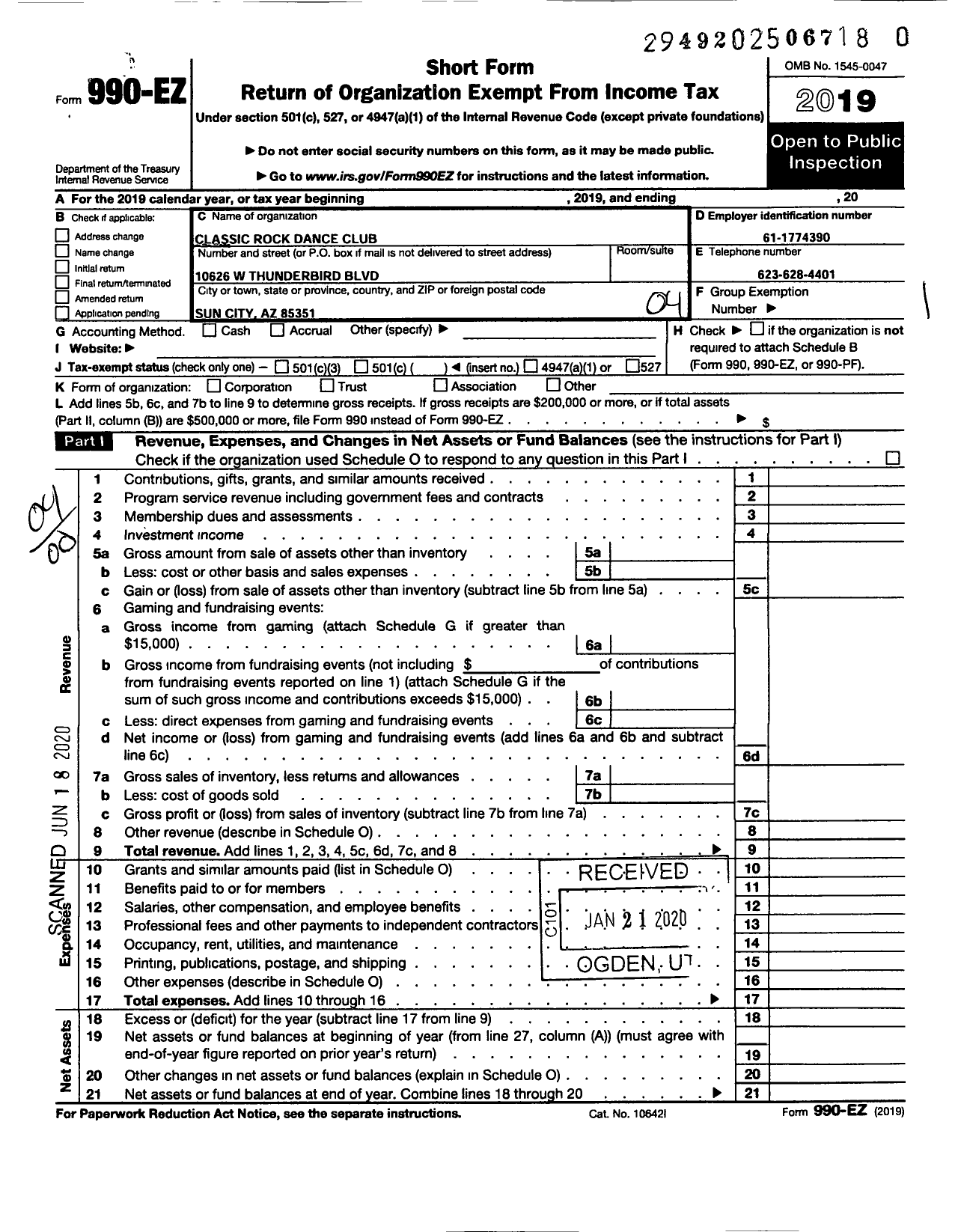 Image of first page of 2019 Form 990EO for Recreation Centers of Sun City / Classic Rock N Roll