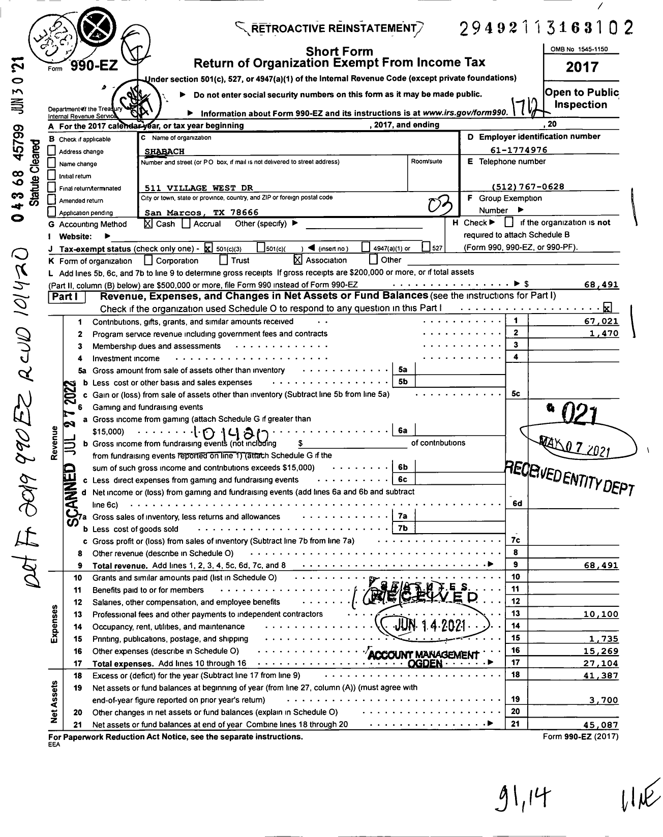 Image of first page of 2017 Form 990EZ for Shabach