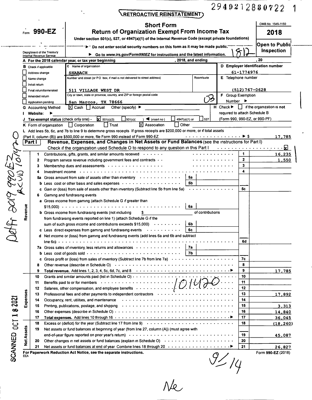 Image of first page of 2018 Form 990EZ for Shabach