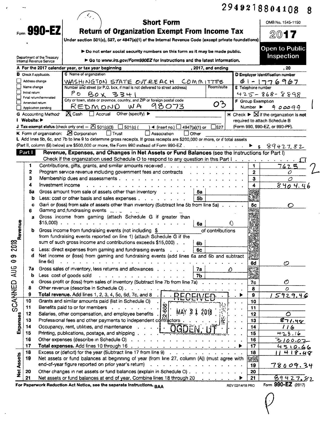 Image of first page of 2017 Form 990EZ for Washington State Broadcast Committee