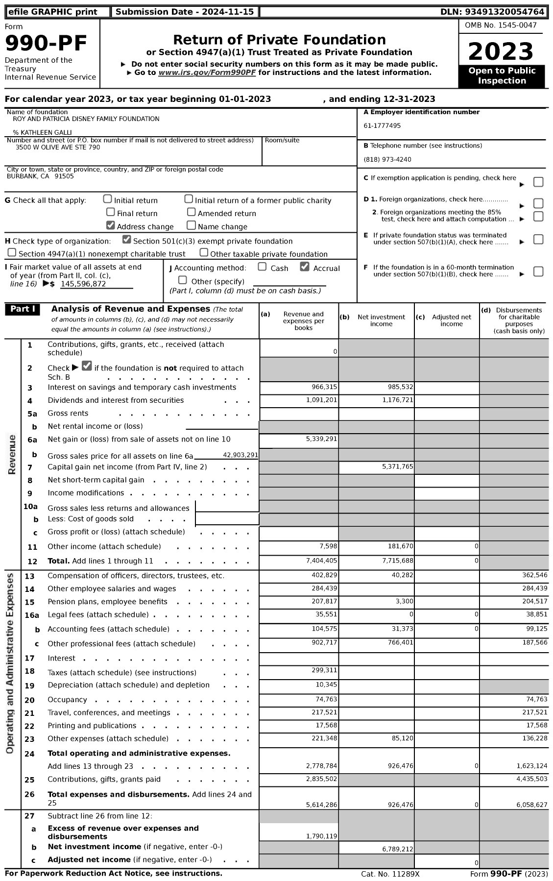 Image of first page of 2023 Form 990PF for Roy and Patricia Disney Family Foundation