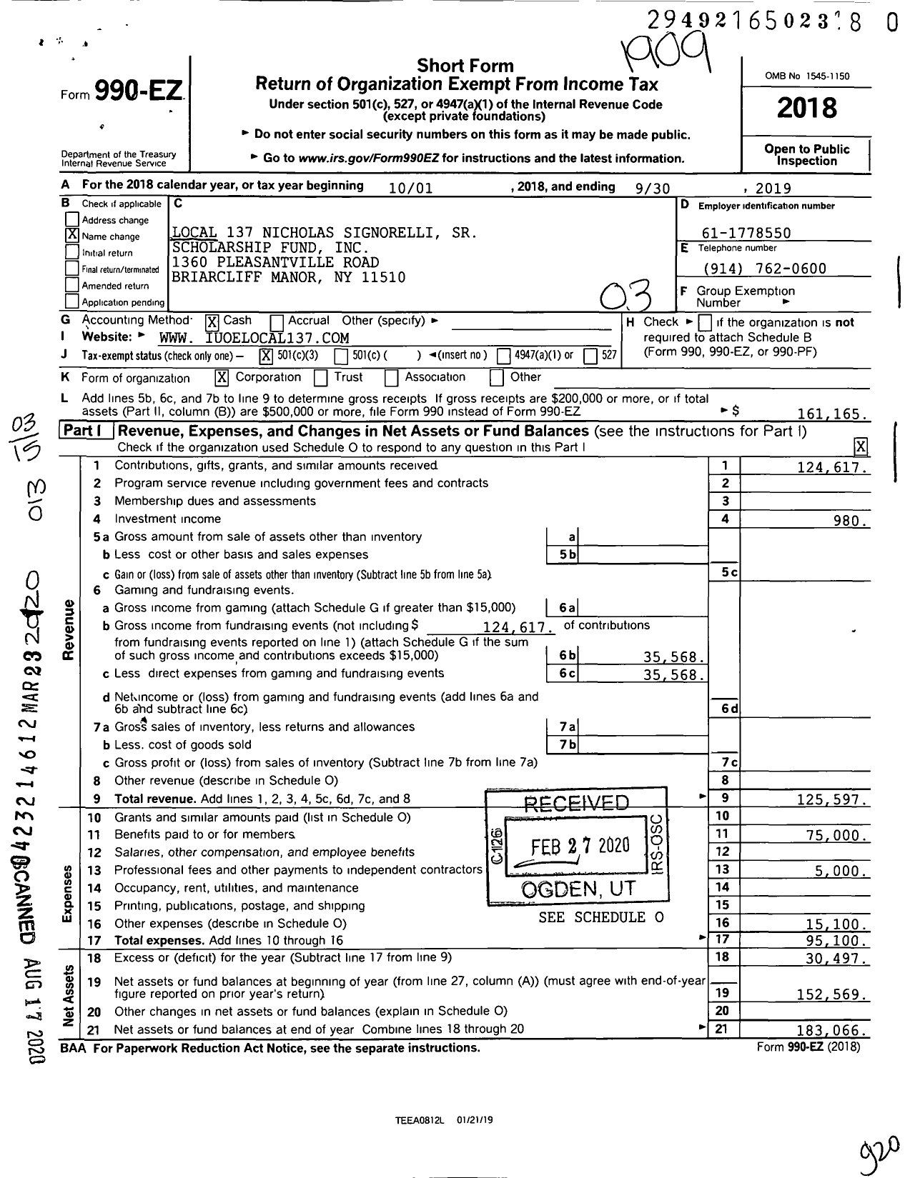 Image of first page of 2018 Form 990EZ for Local 137 Nicholas Signorelli SR Scholarship Fund