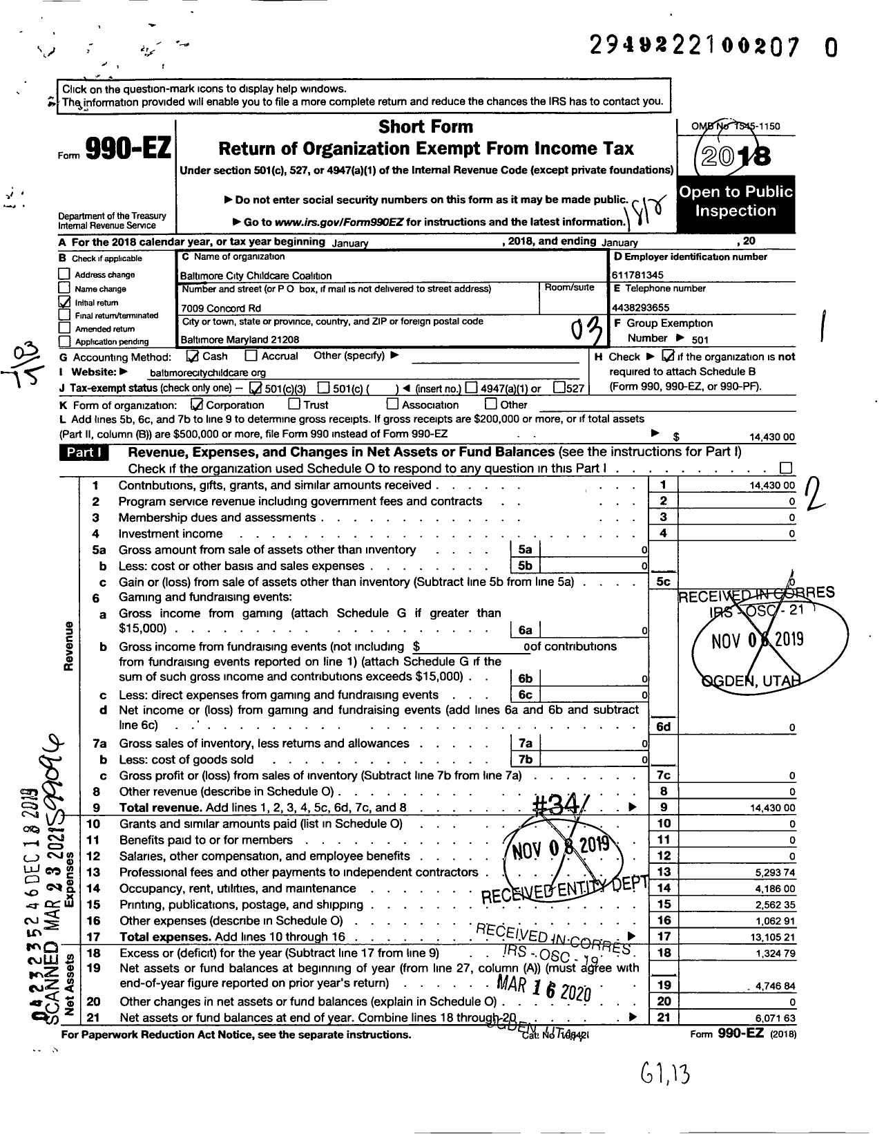 Image of first page of 2018 Form 990EZ for Baltimore City Childcare Coalition