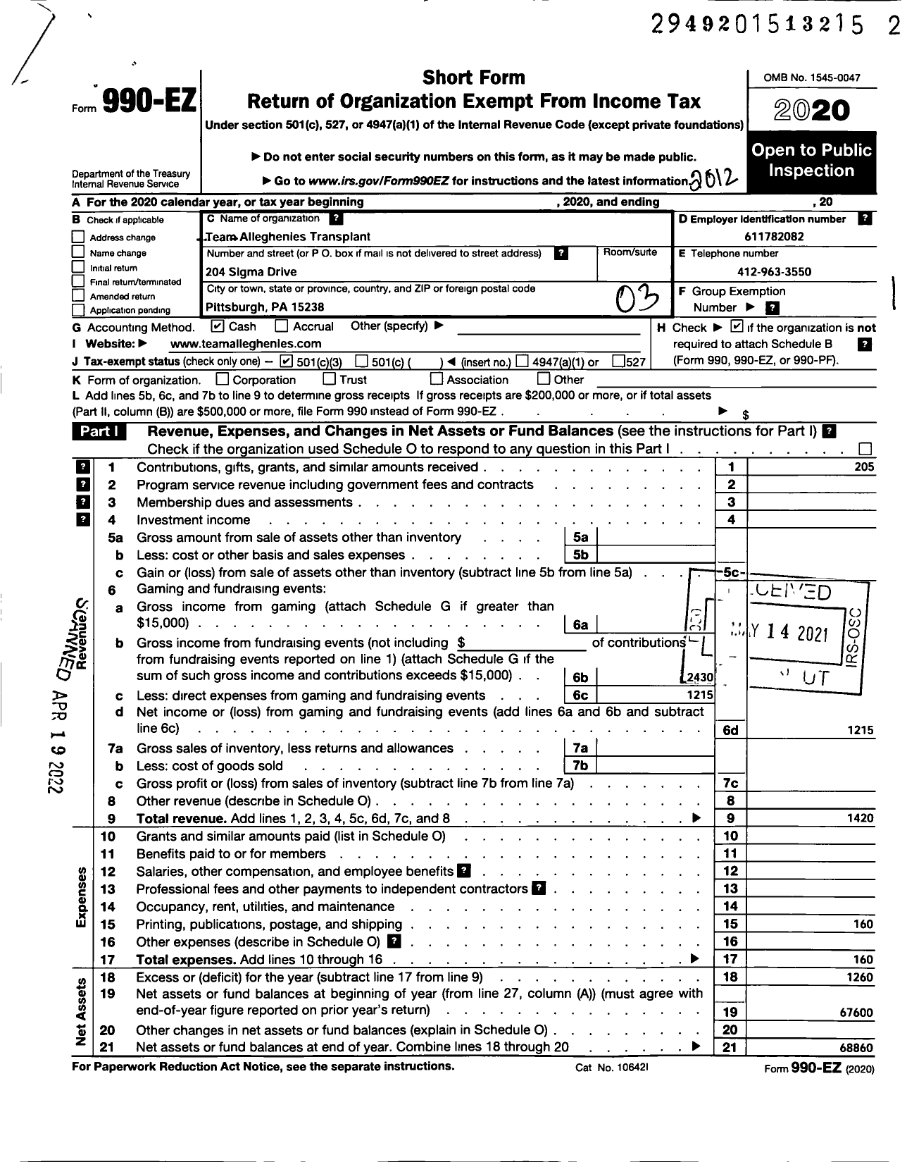 Image of first page of 2020 Form 990EZ for Team Pittsburgh Transplant