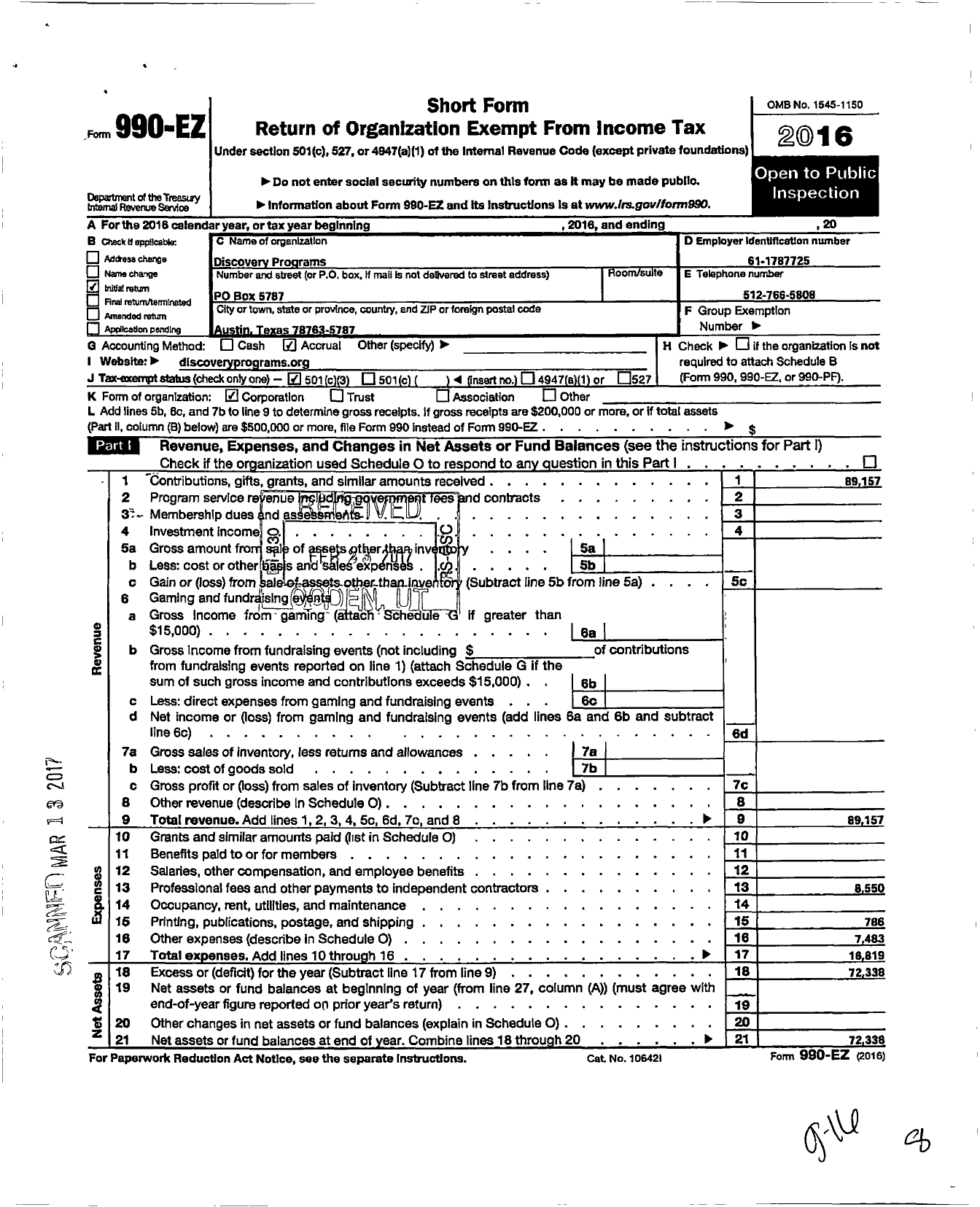 Image of first page of 2016 Form 990EZ for Discovery Programs