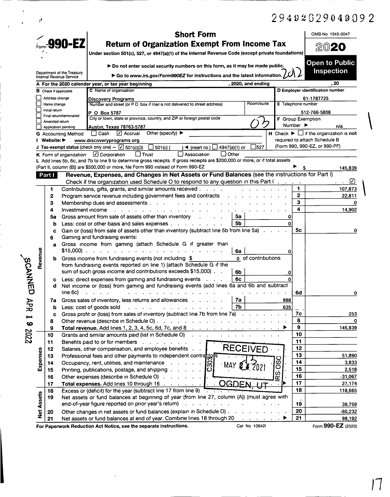 Image of first page of 2020 Form 990EZ for Discovery Programs