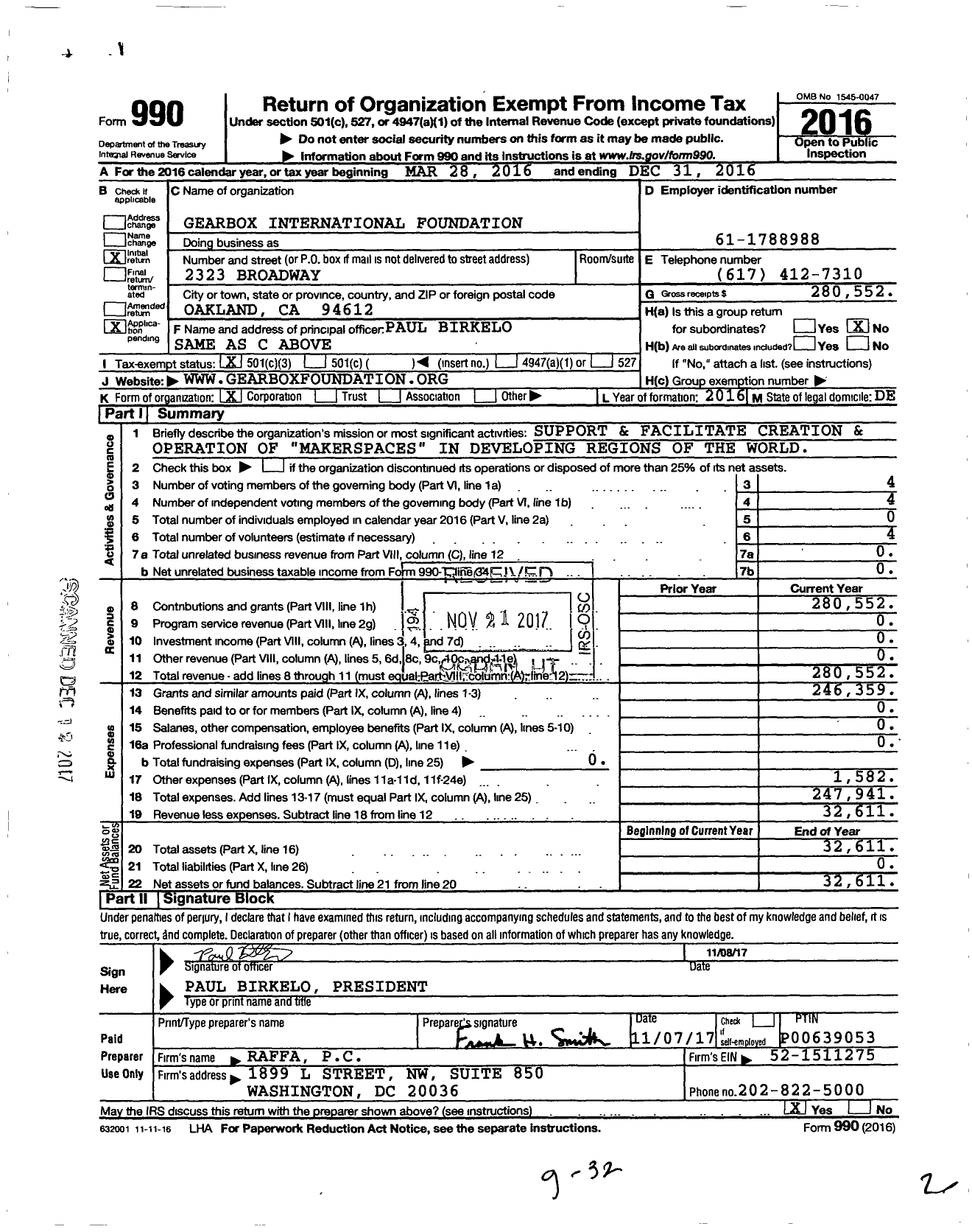 Image of first page of 2016 Form 990 for Gearbox International Foundation