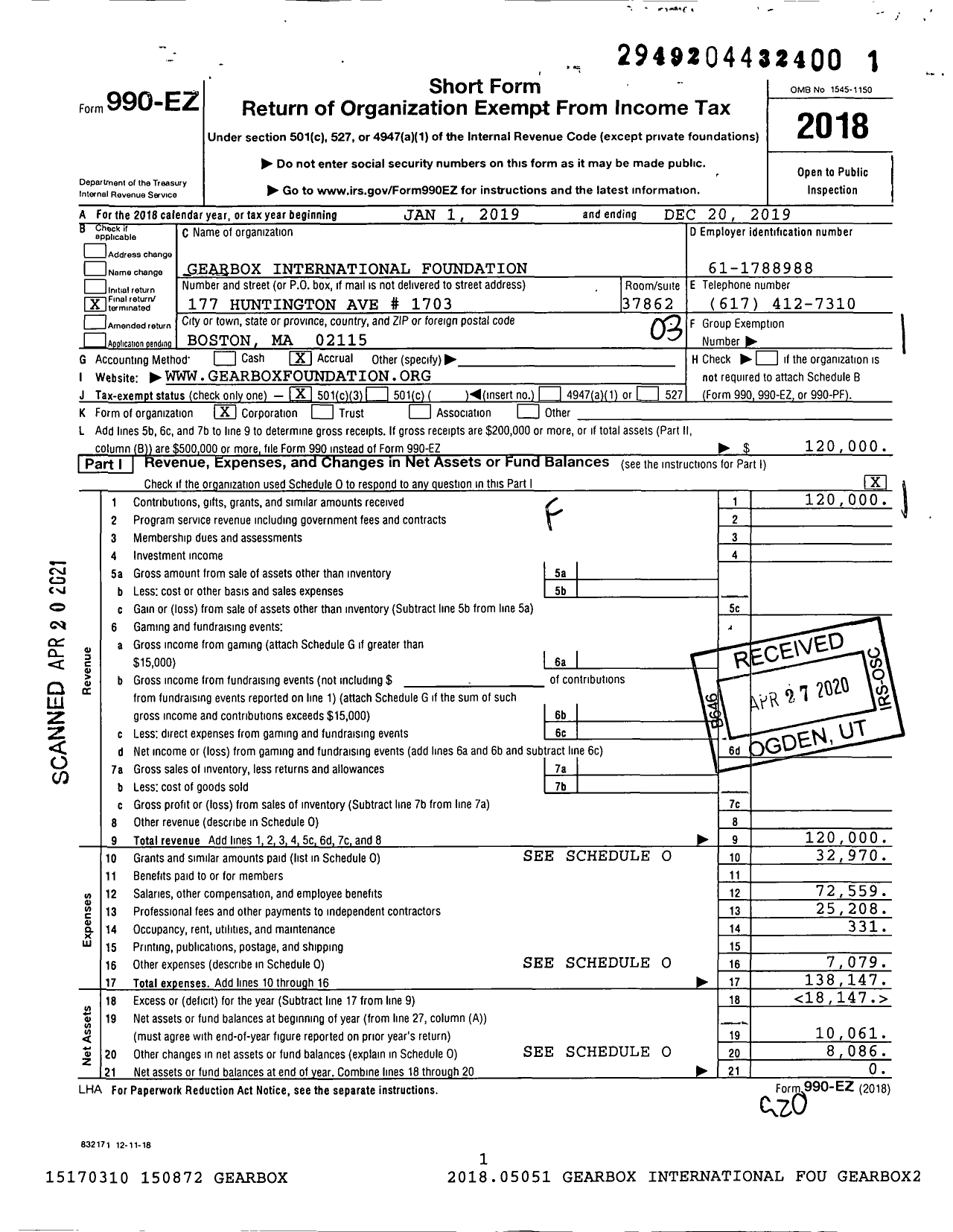 Image of first page of 2019 Form 990EZ for Gearbox International Foundation