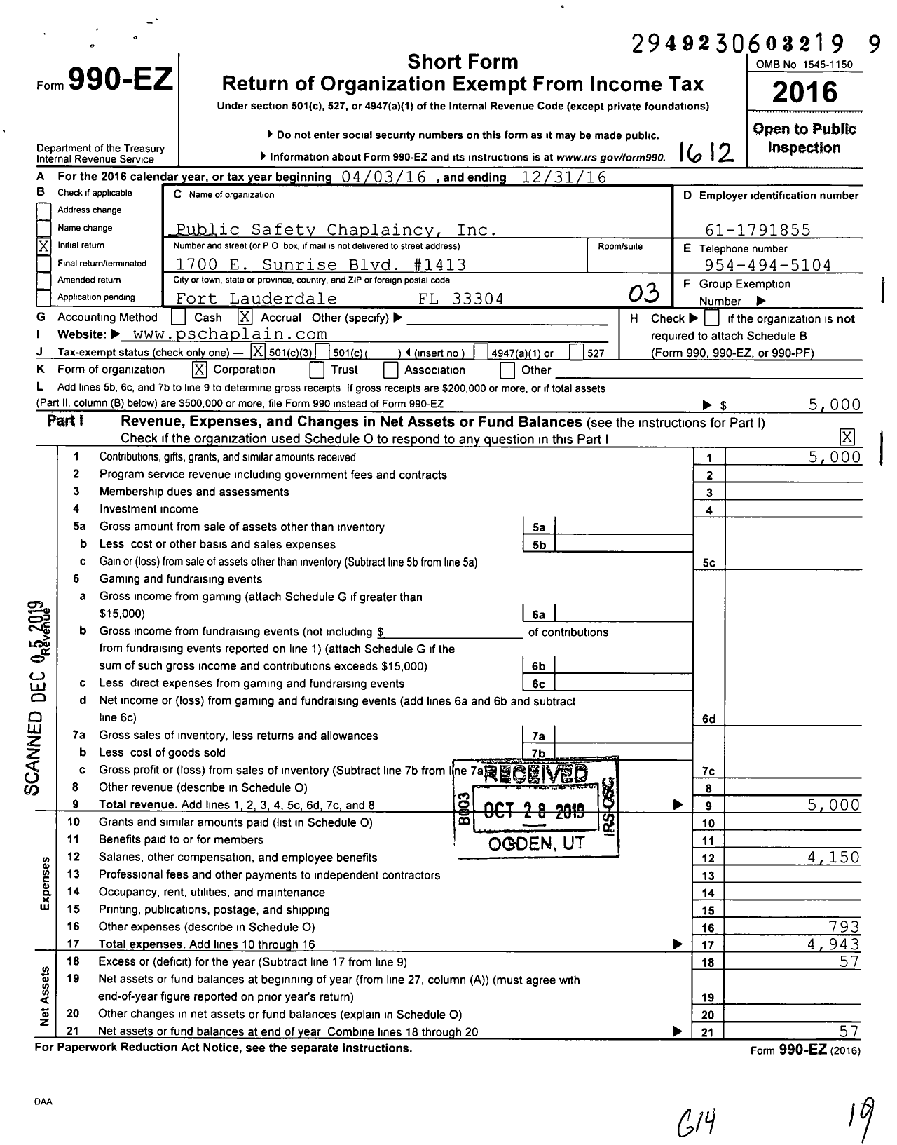 Image of first page of 2016 Form 990EZ for Public Safety Chaplaincy