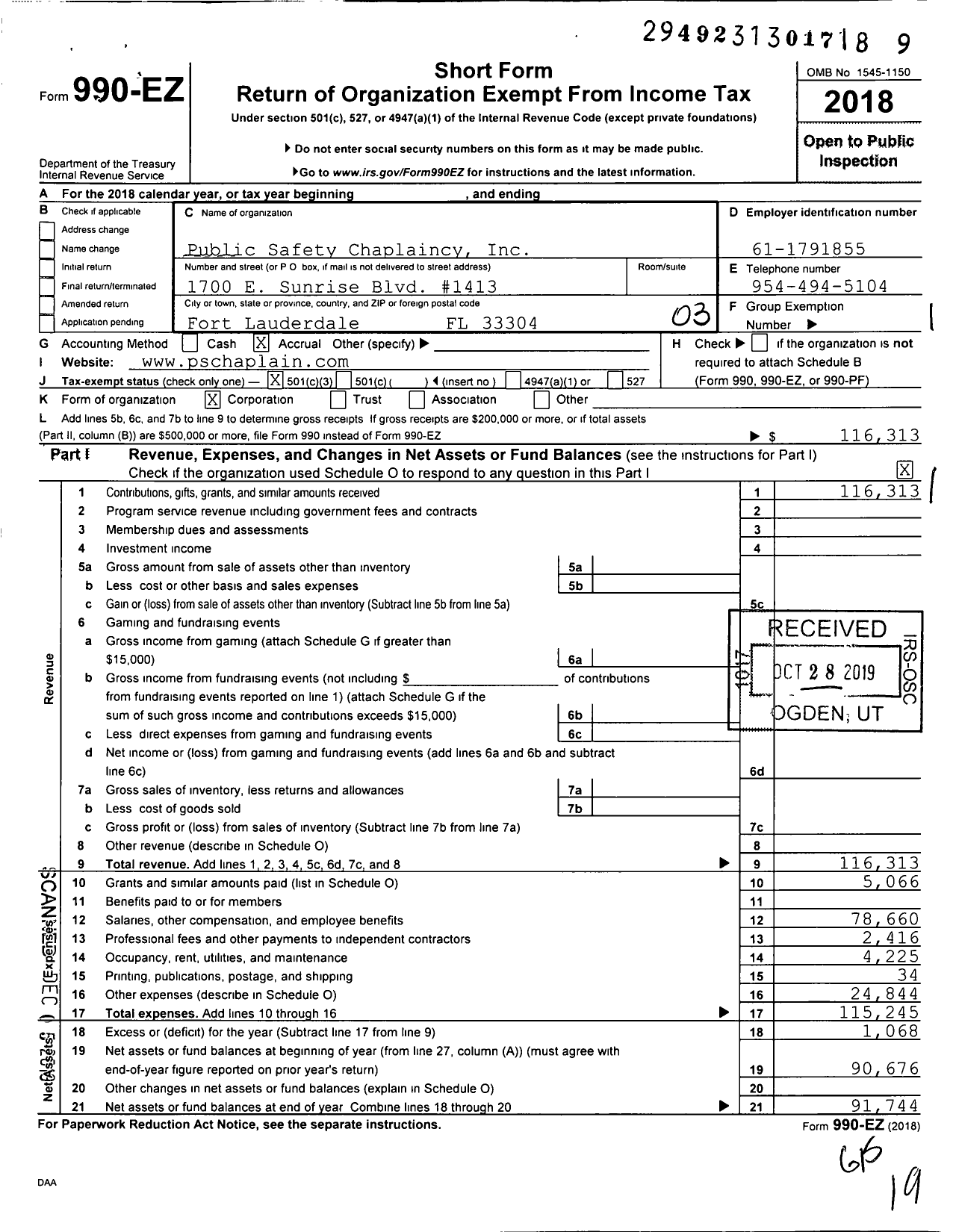 Image of first page of 2018 Form 990EZ for Public Safety Chaplaincy