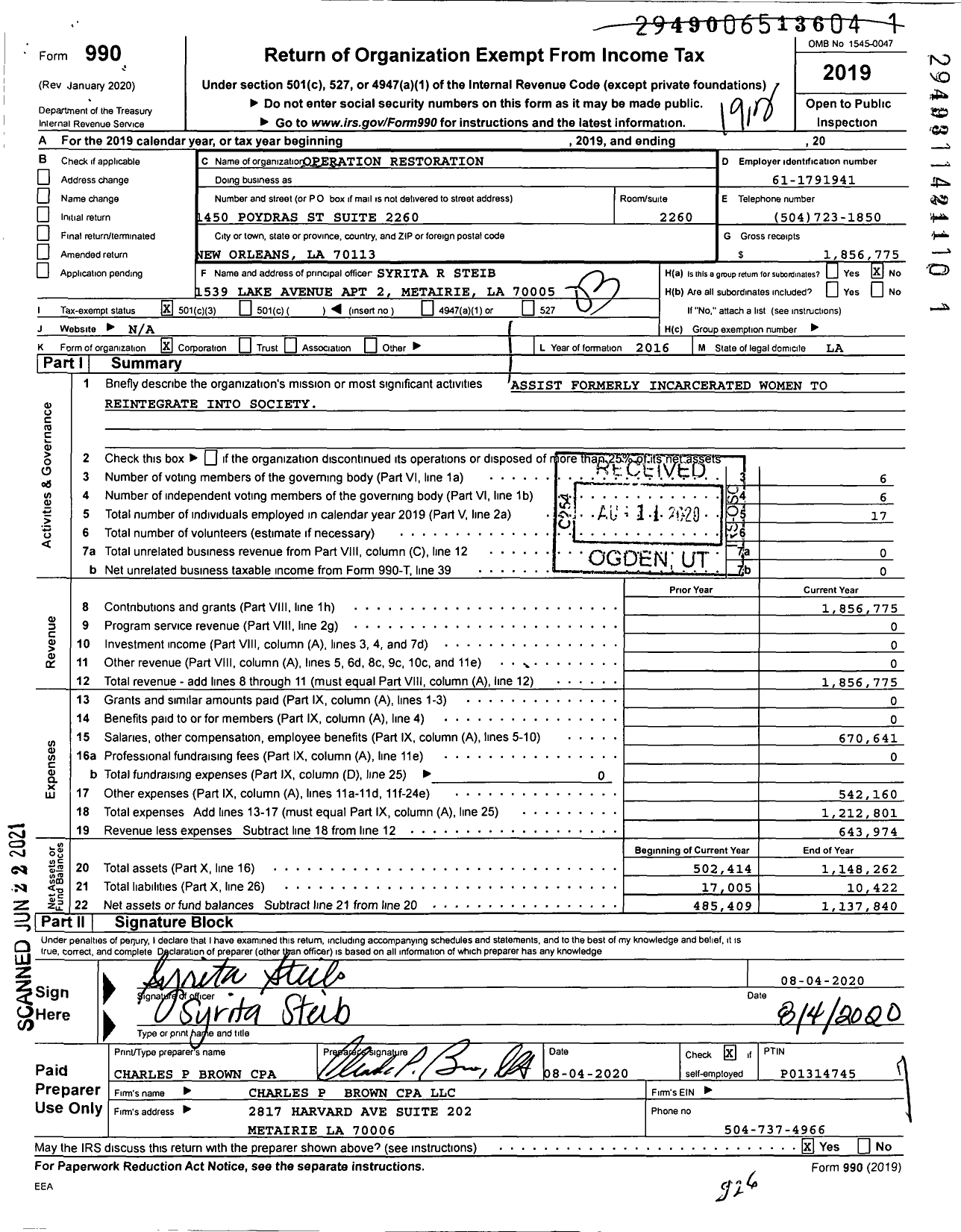 Image of first page of 2019 Form 990 for Operation Restoration