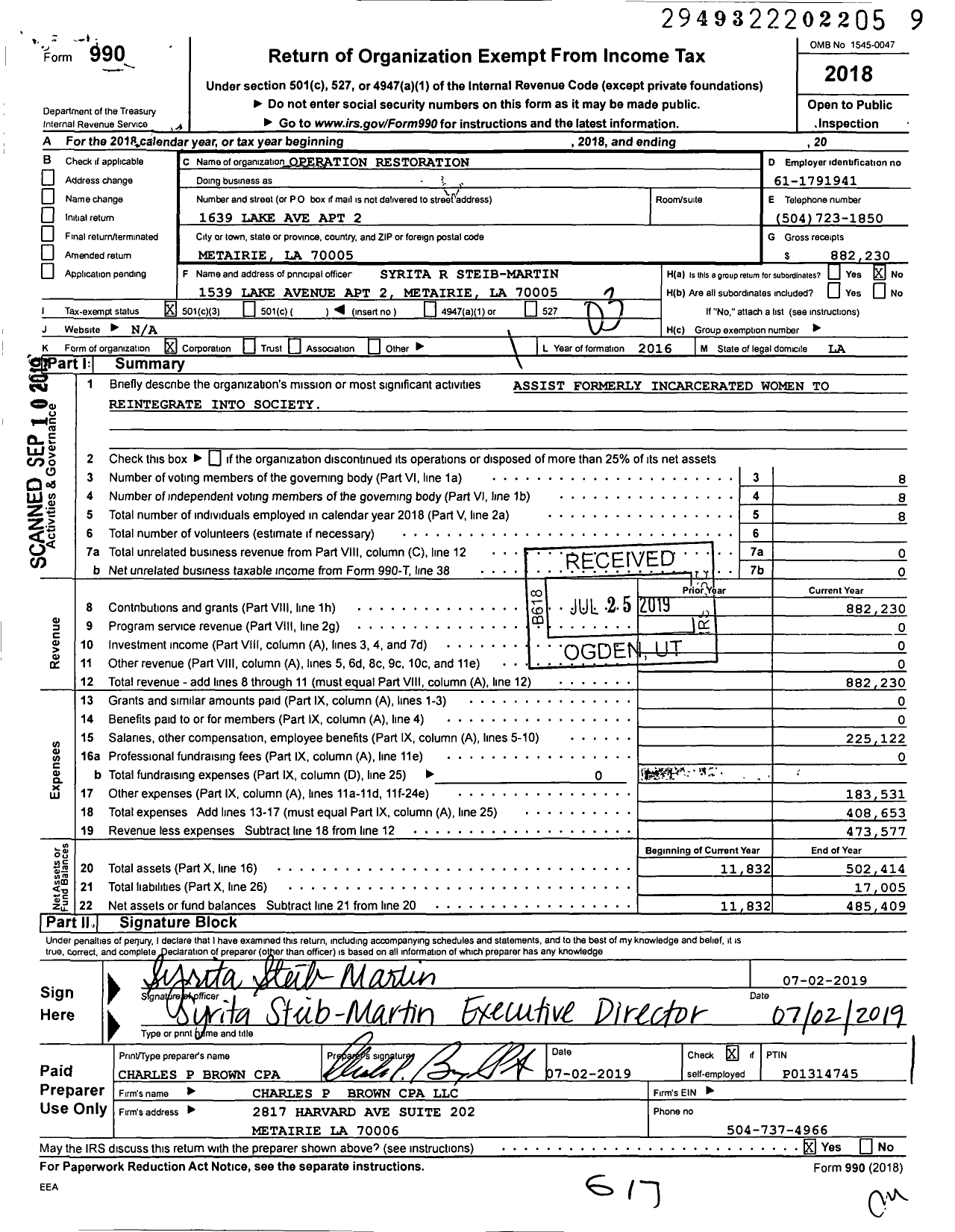 Image of first page of 2018 Form 990 for Operation Restoration