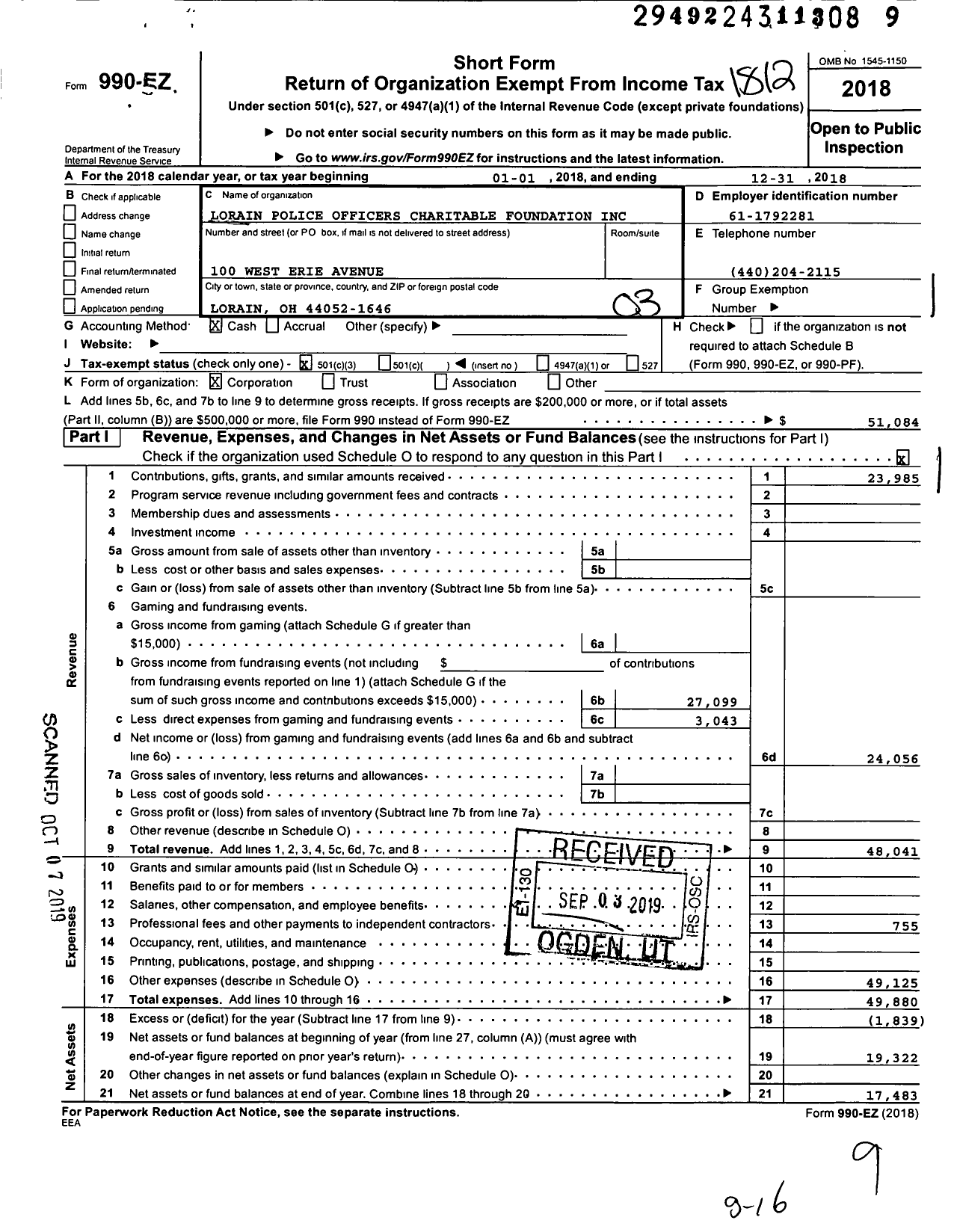 Image of first page of 2018 Form 990EZ for Lorain Police Officers Charitable