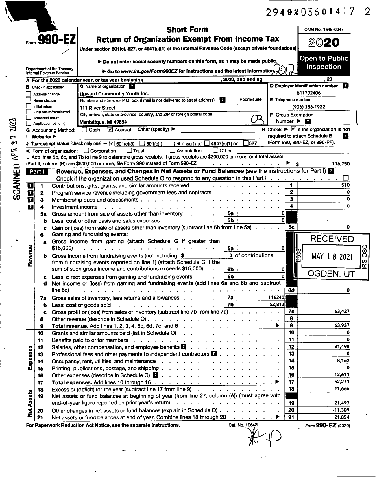 Image of first page of 2020 Form 990EZ for Upward Community Youth