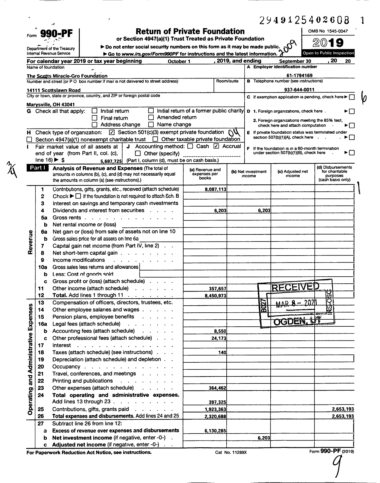 Image of first page of 2019 Form 990PF for The Scotts Miracle-Gro Foundation