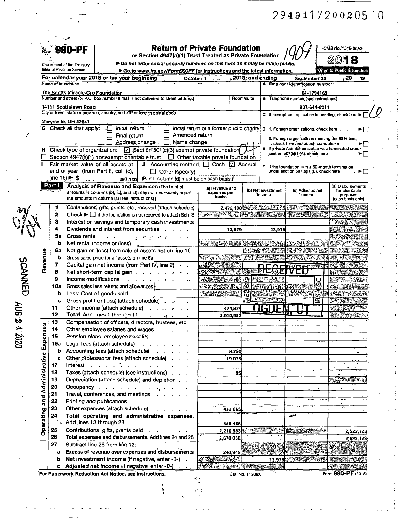 Image of first page of 2018 Form 990PR for The Scotts Miracle-Gro Foundation