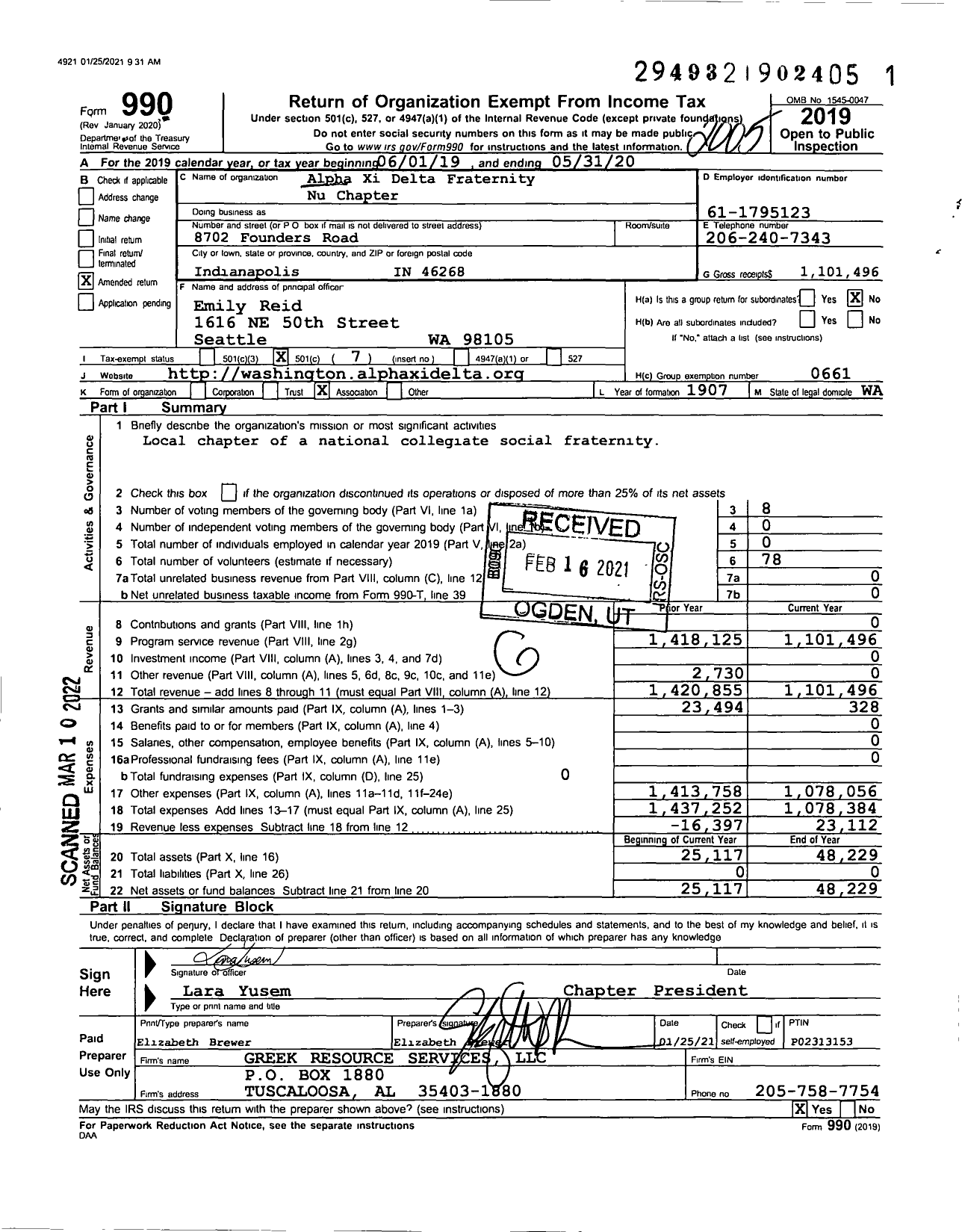 Image of first page of 2019 Form 990O for Alpha Xi Delta Fraternity Nu Chapter / Washington Assoc of Nu Chapter