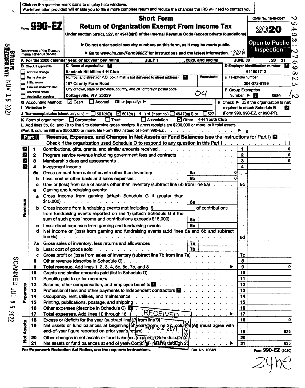 Image of first page of 2020 Form 990EO for State of West Virginia / Hemlock Hillbillies League 4-H Club