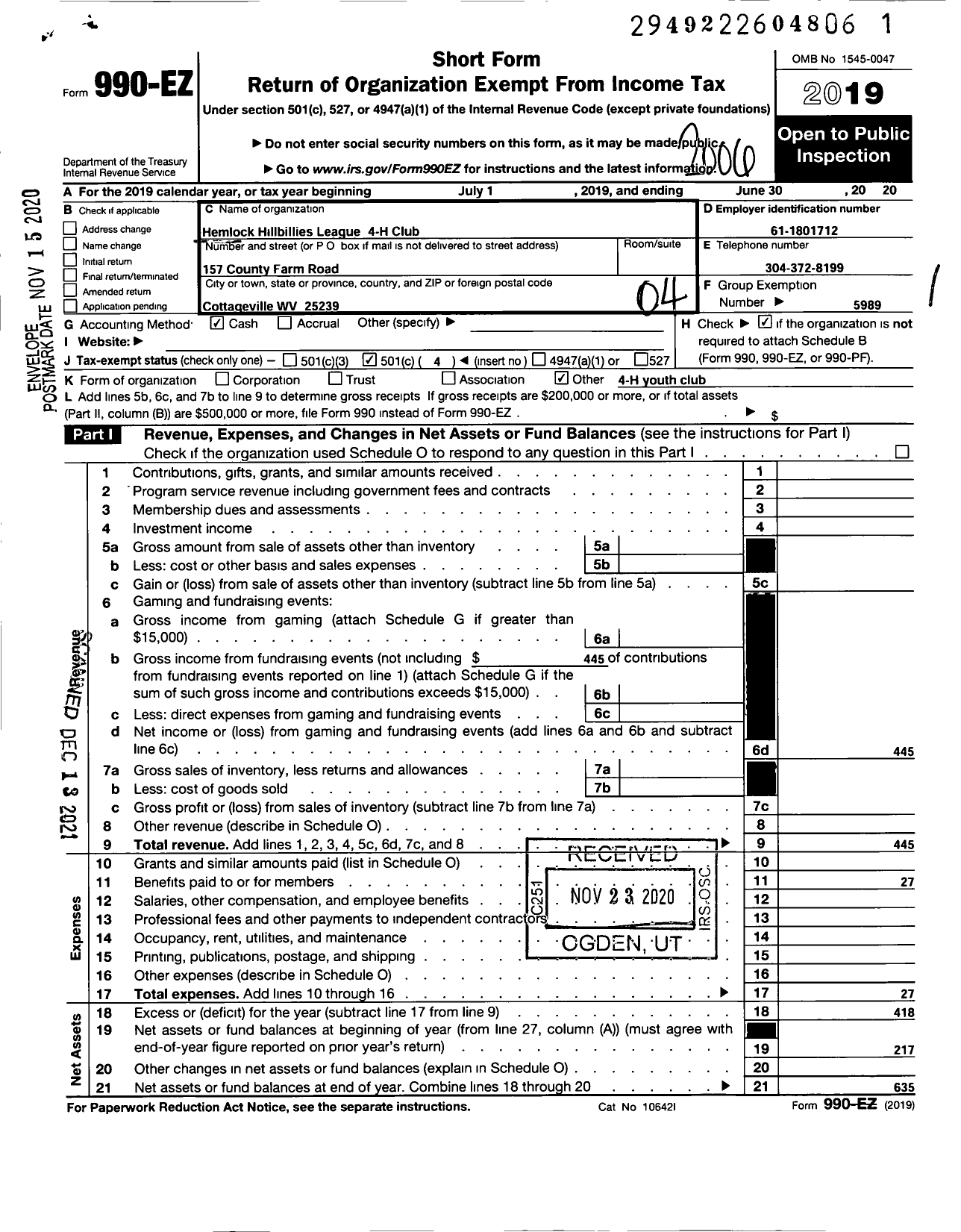 Image of first page of 2019 Form 990EO for State of West Virginia / Hemlock Hillbillies League 4-H Club