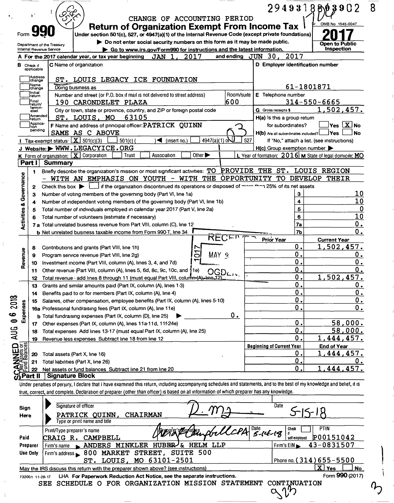 Image of first page of 2016 Form 990 for St Louis Legacy Ice Foundation