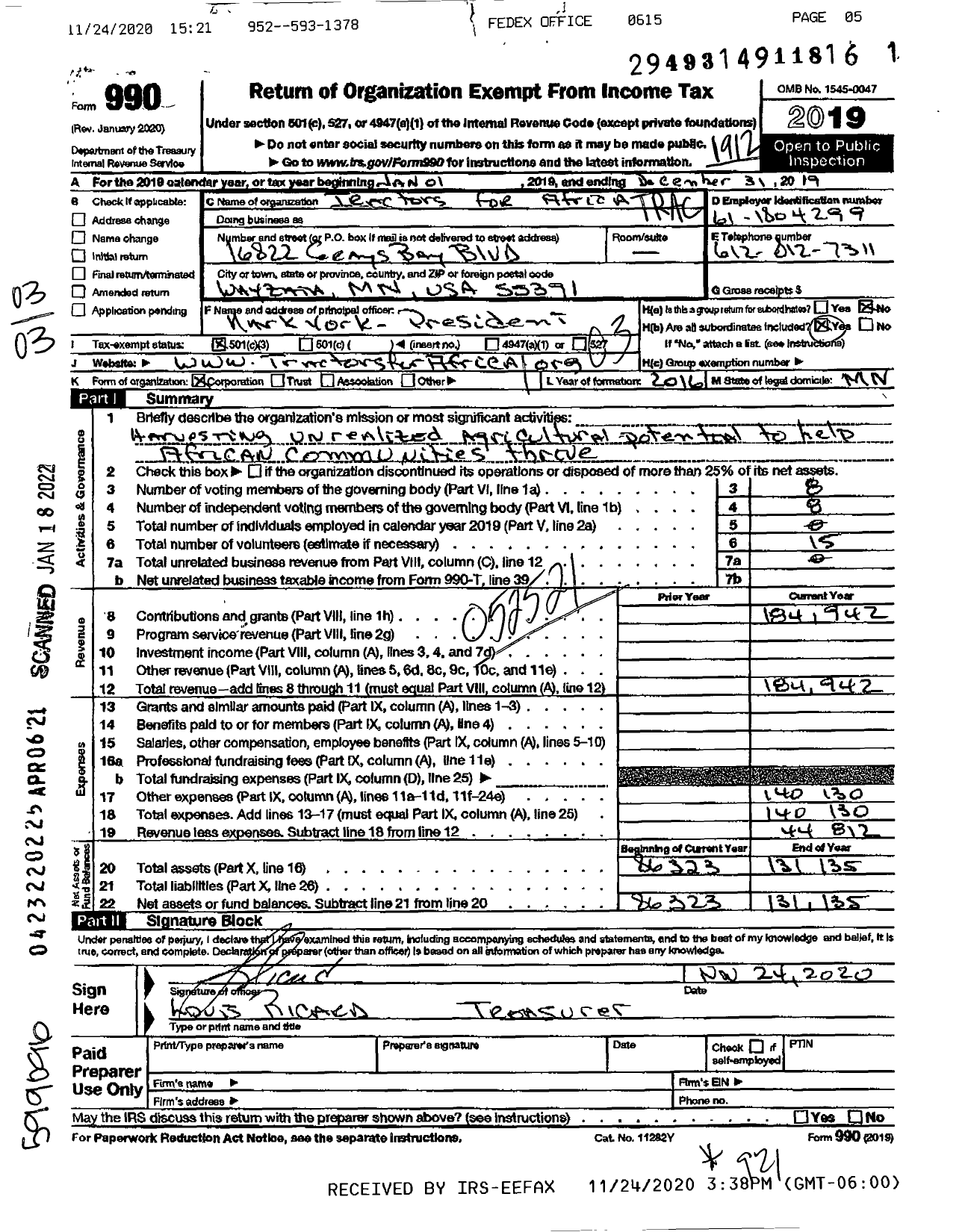 Image of first page of 2019 Form 990 for Tractors for Africa