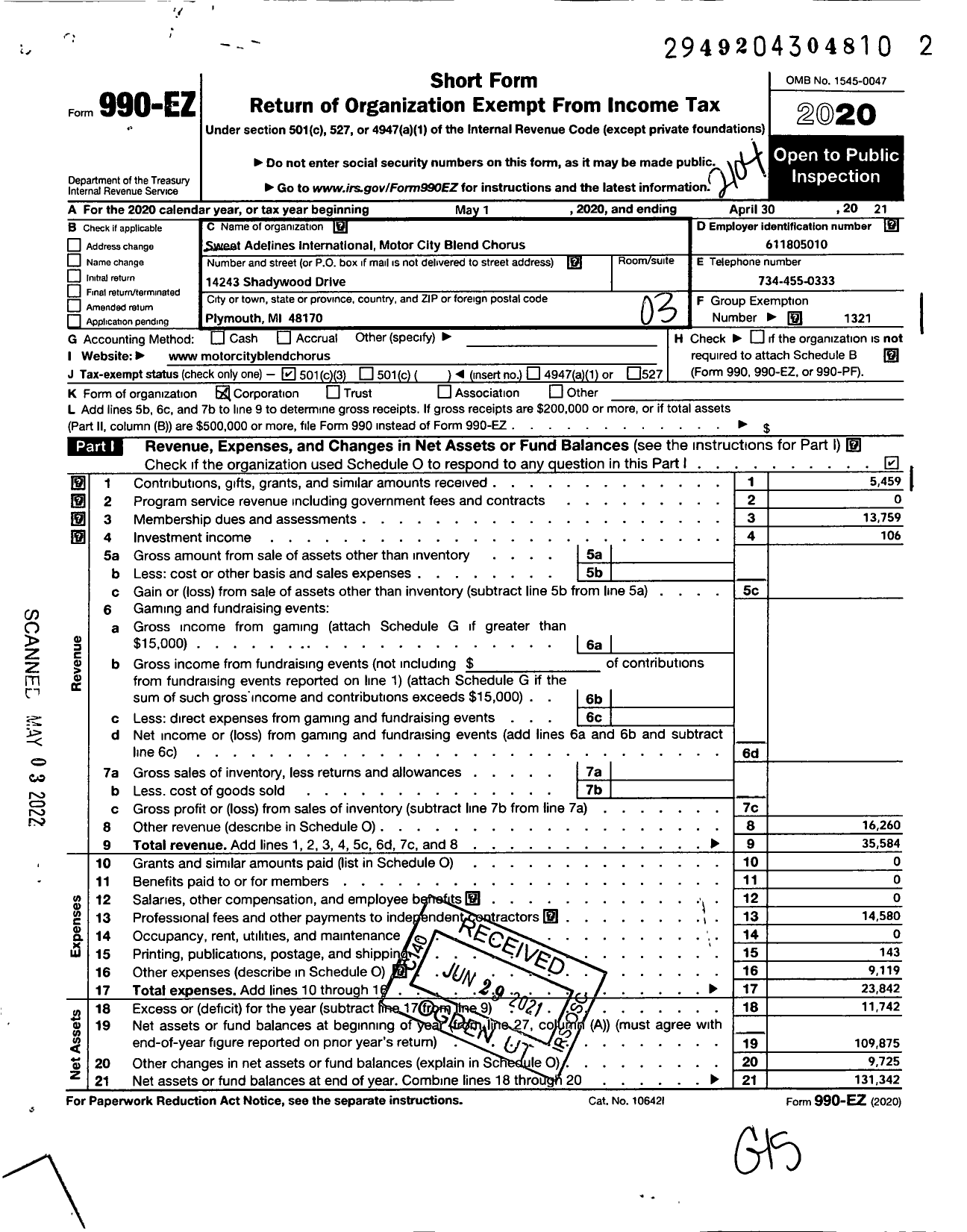 Image of first page of 2020 Form 990EZ for Sweet Adelines International - Motor City Blend