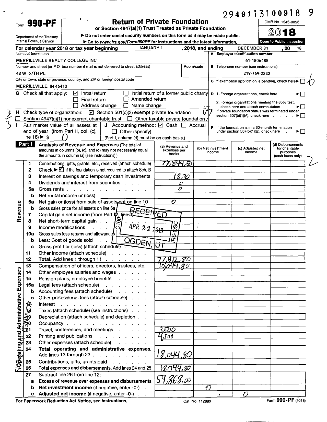 Image of first page of 2018 Form 990PF for Merrillville Beauty College