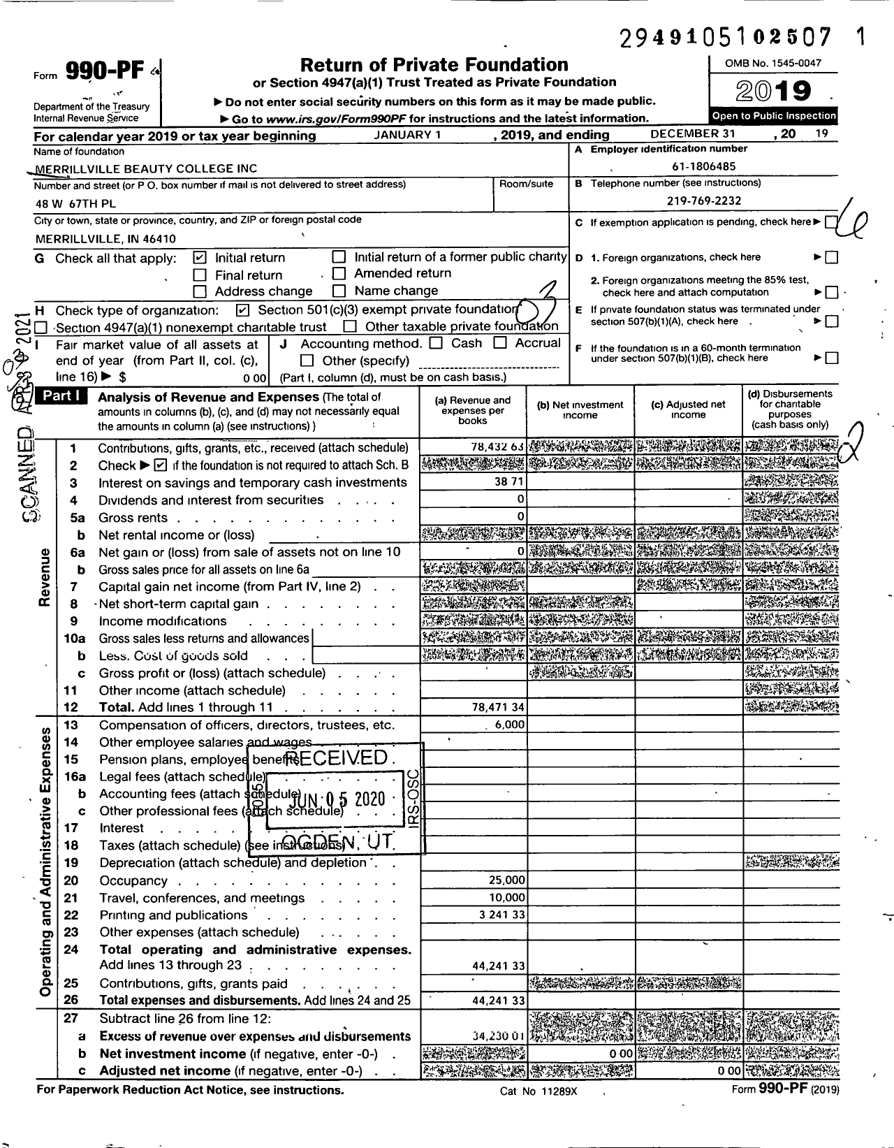 Image of first page of 2019 Form 990PF for Merrillville Beauty College