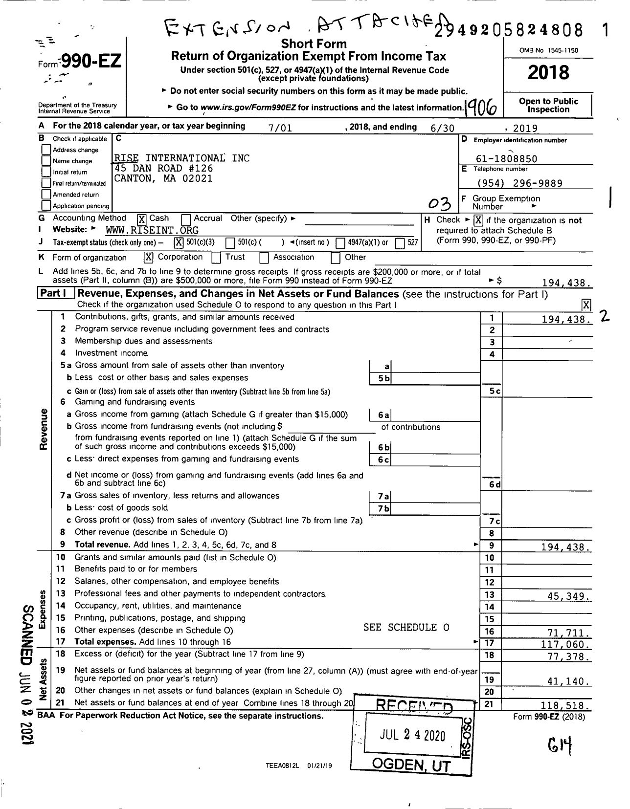 Image of first page of 2018 Form 990EZ for Rise International