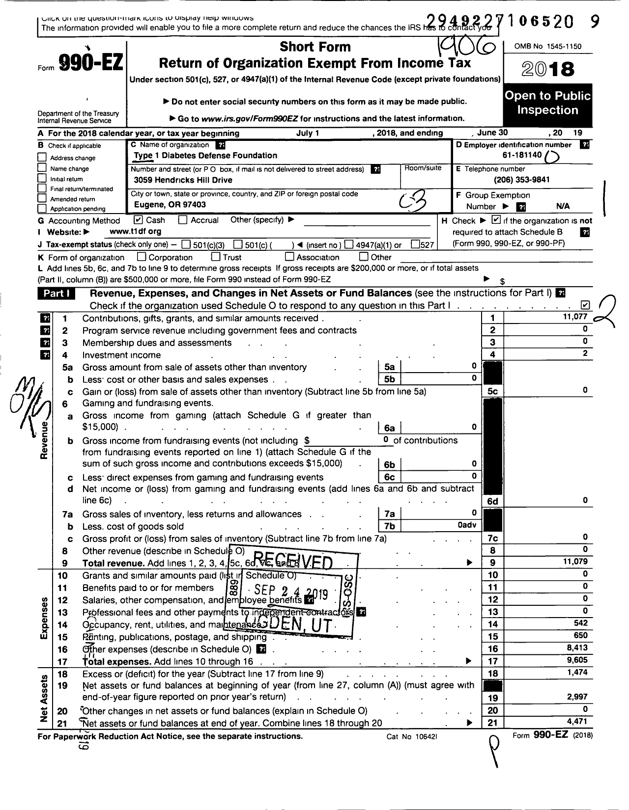 Image of first page of 2018 Form 990EZ for Type 1 Diabetes Defense Foundation