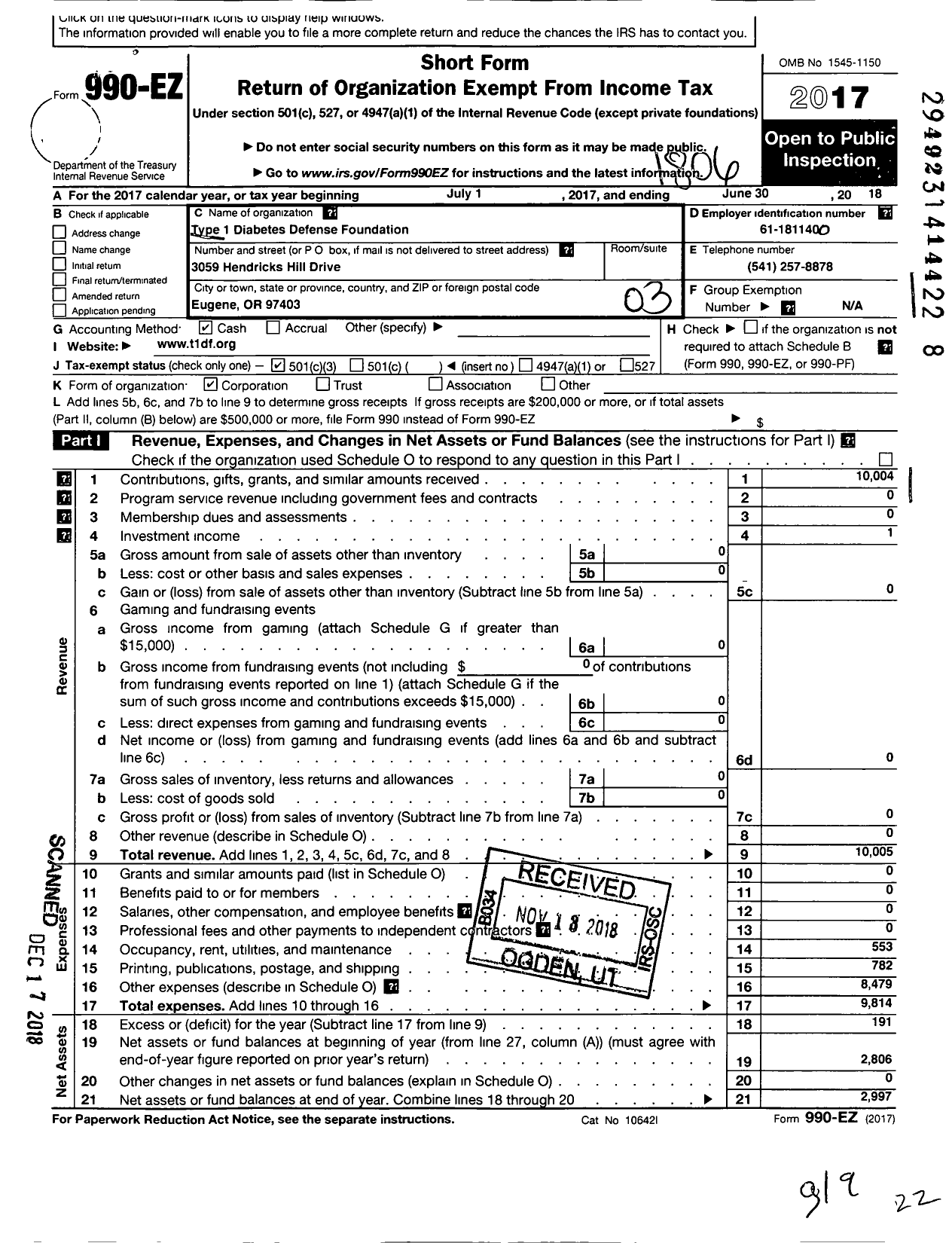 Image of first page of 2017 Form 990EZ for Type 1 Diabetes Defense Foundation