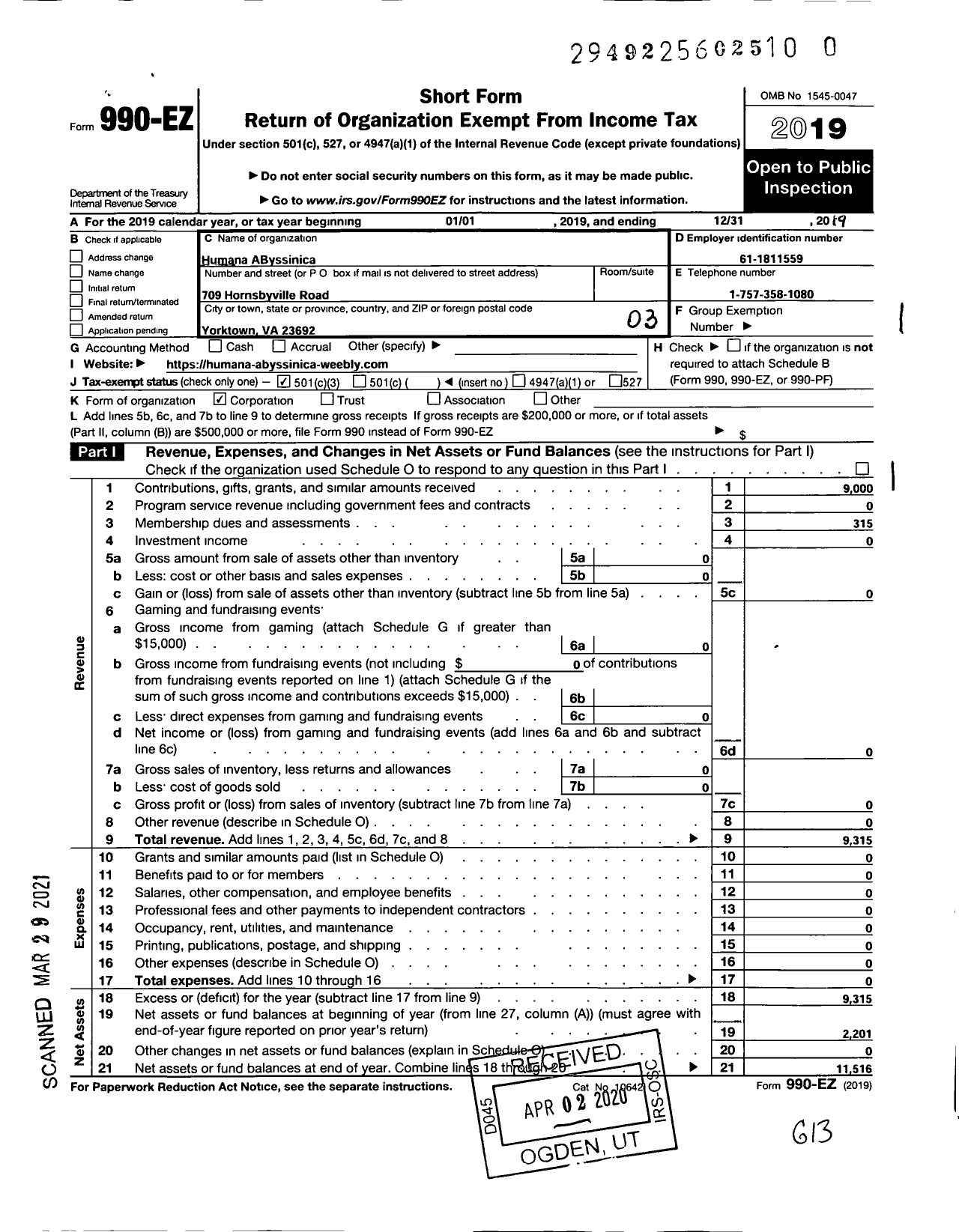 Image of first page of 2019 Form 990EZ for Humana Abyssinica