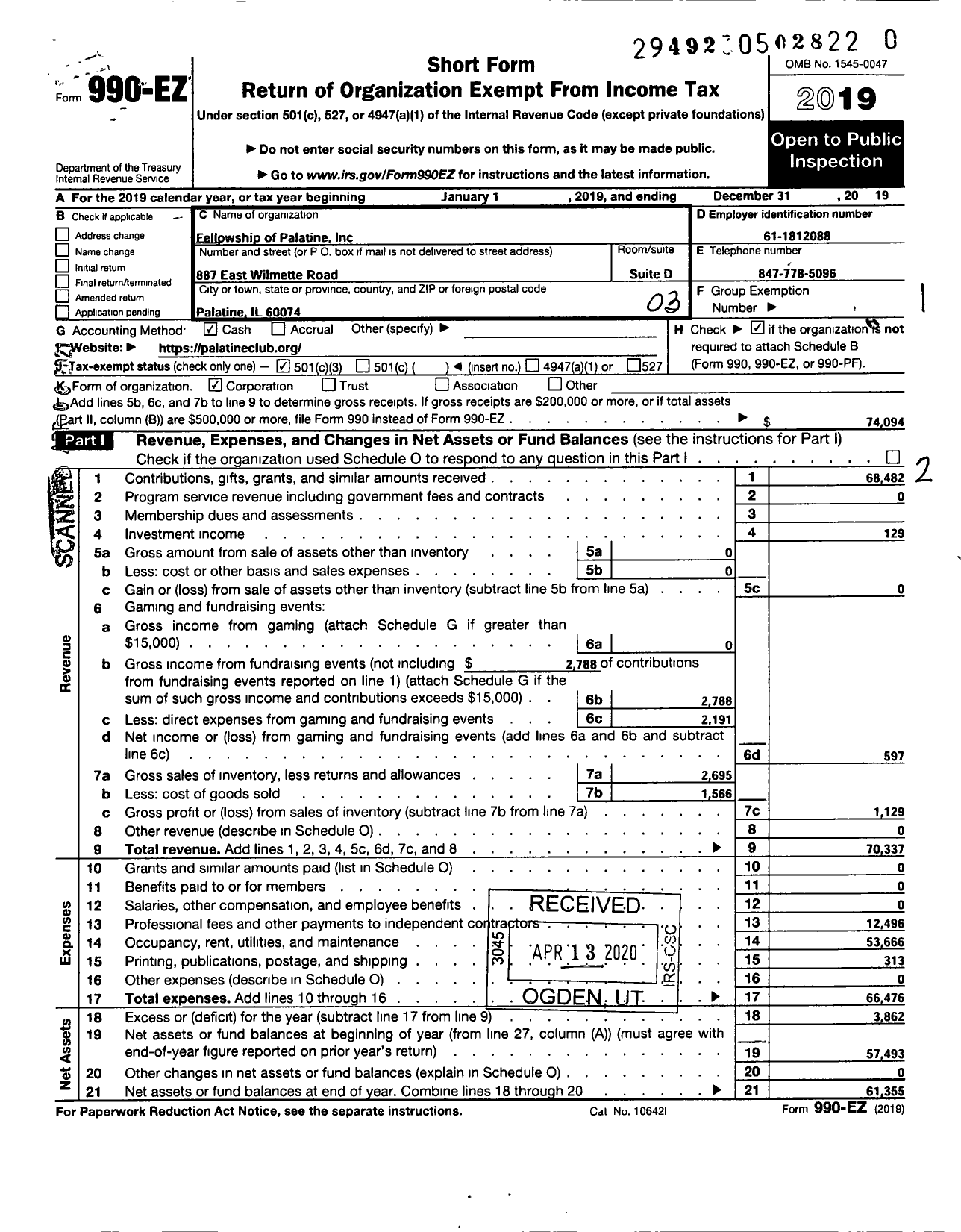 Image of first page of 2019 Form 990EZ for Fellowship of Palatine