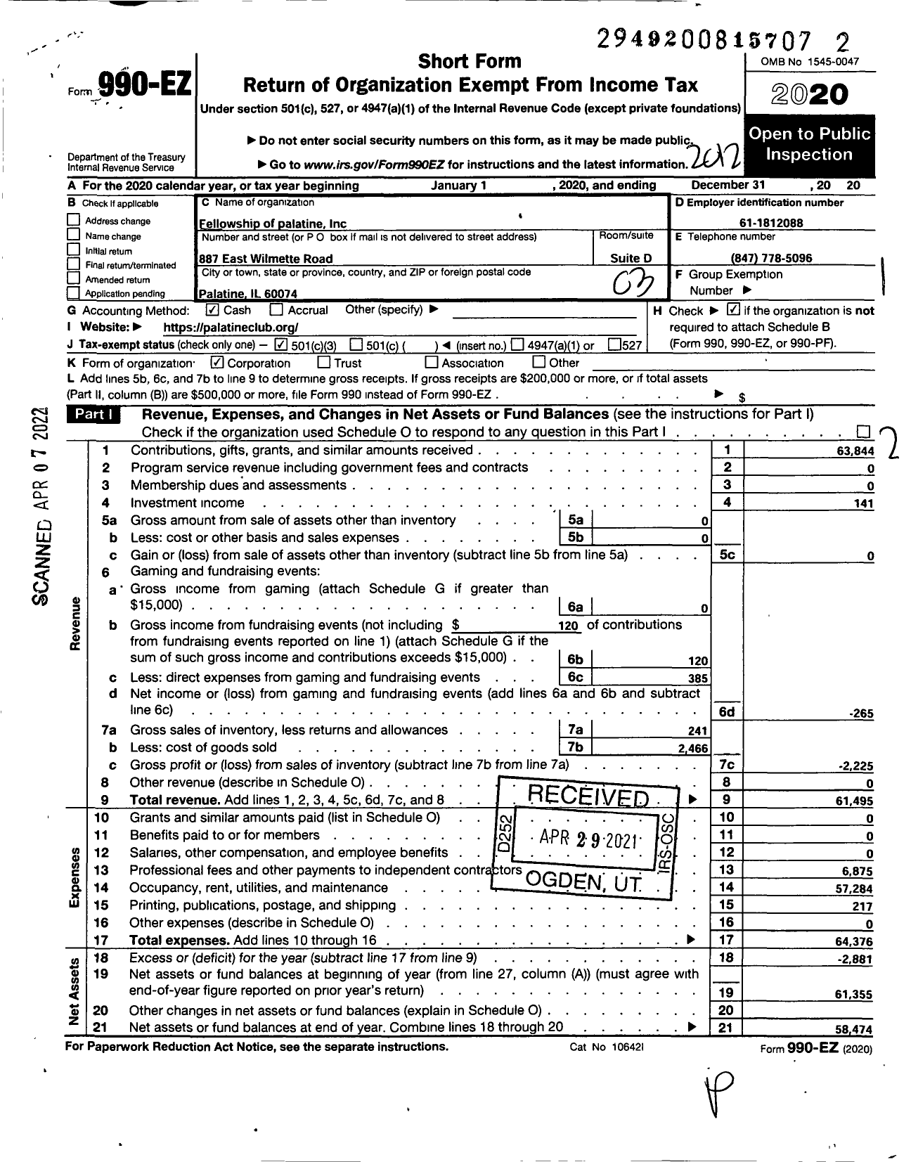 Image of first page of 2020 Form 990EZ for Fellowship of Palatine