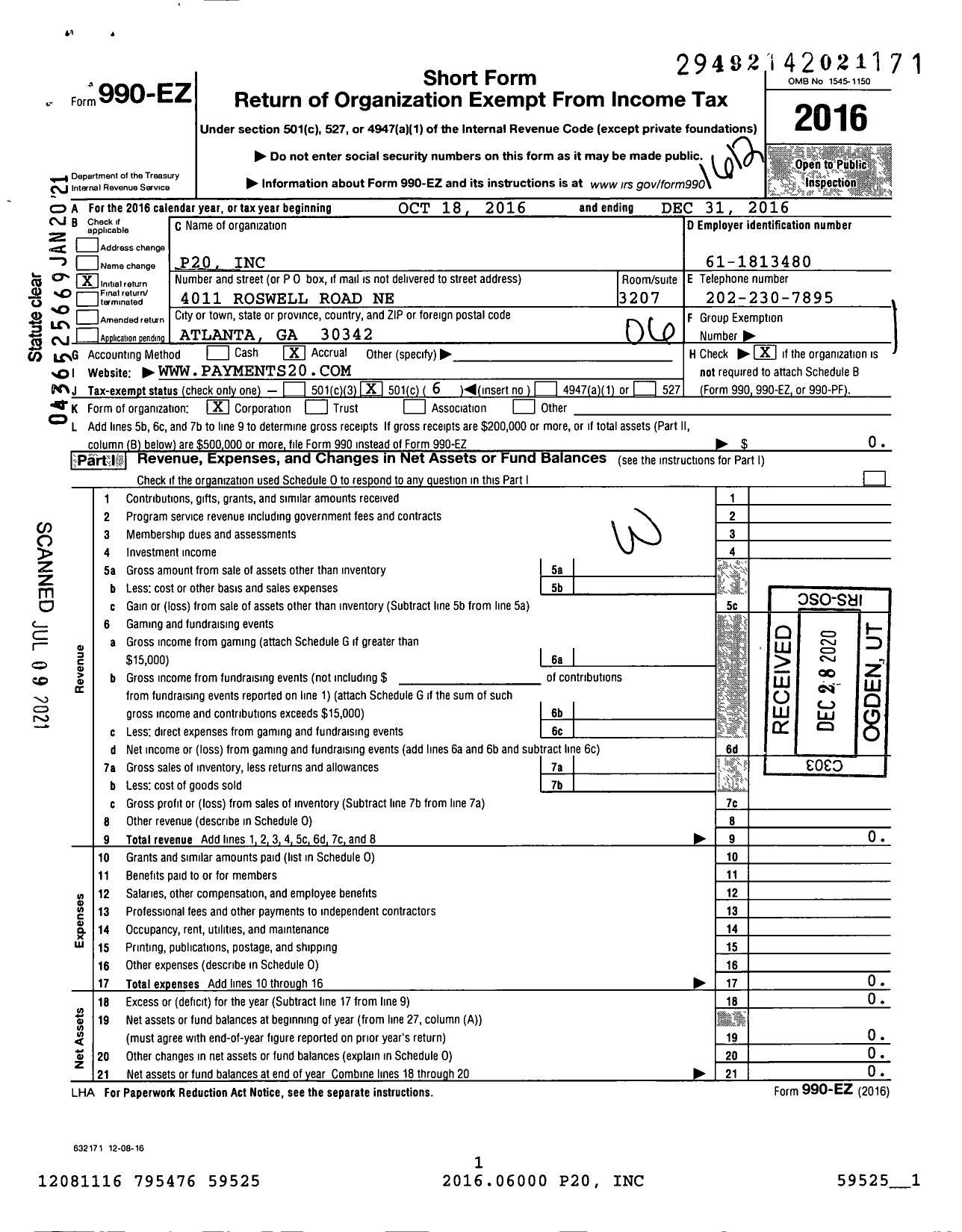 Image of first page of 2016 Form 990EO for P20 Inc