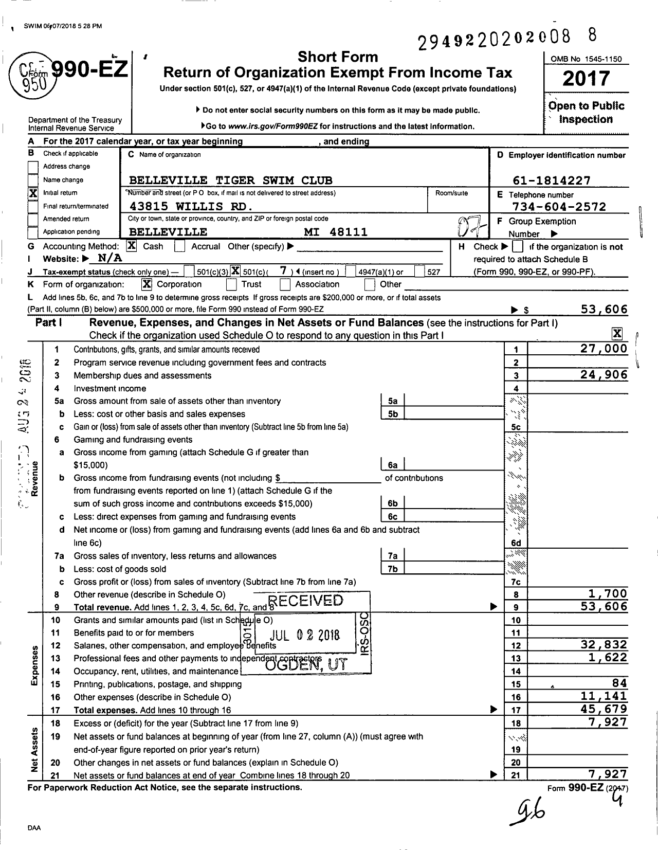 Image of first page of 2017 Form 990EO for Belleville Tiger Swim Club